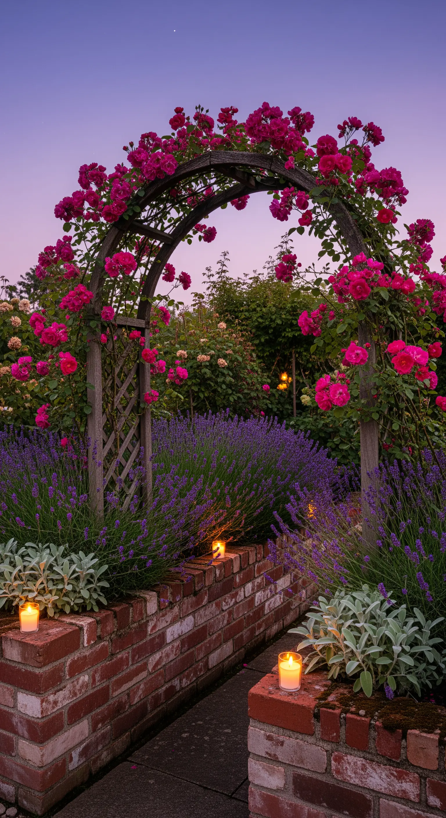 Rosentorbogen, pinke Kletterrosen, Lavendel, Laternen, Kerzen.