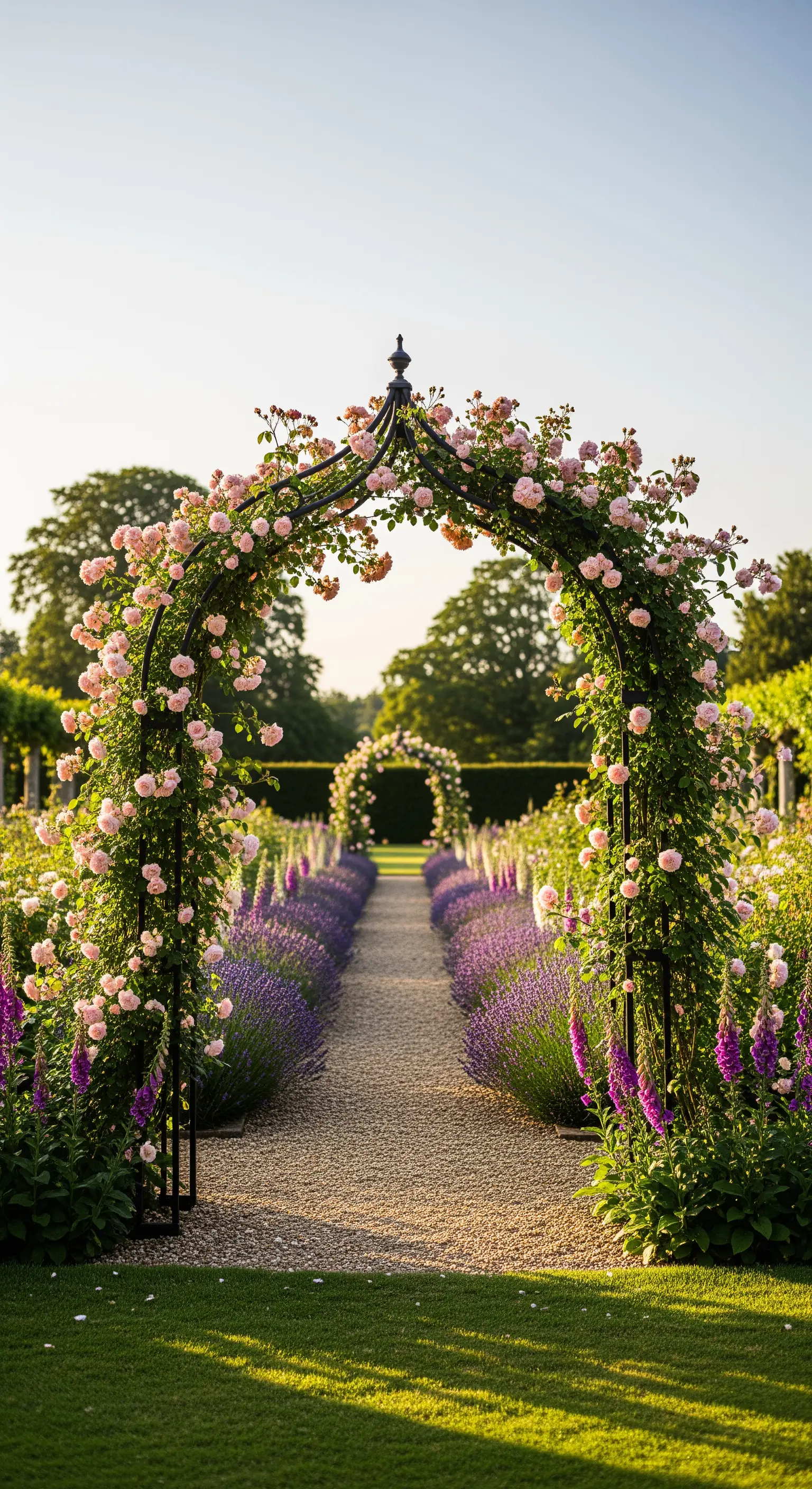 Rosentorbogen, Lavendelpfad, romantischer Gartenakzent