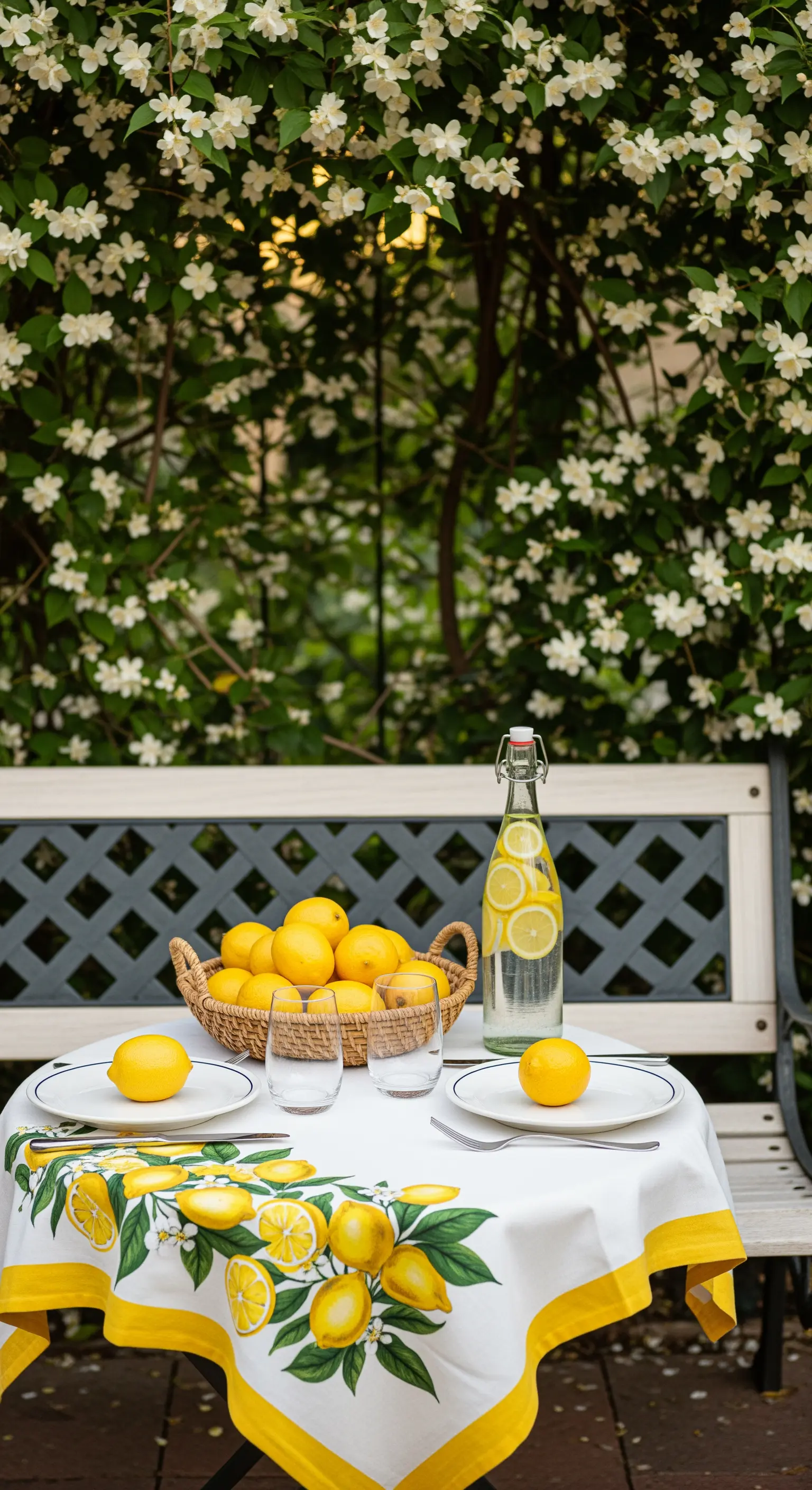 Gartentisch vor Jasminwand mit Zitronen-Tischdecke und Korb voller Zitronen