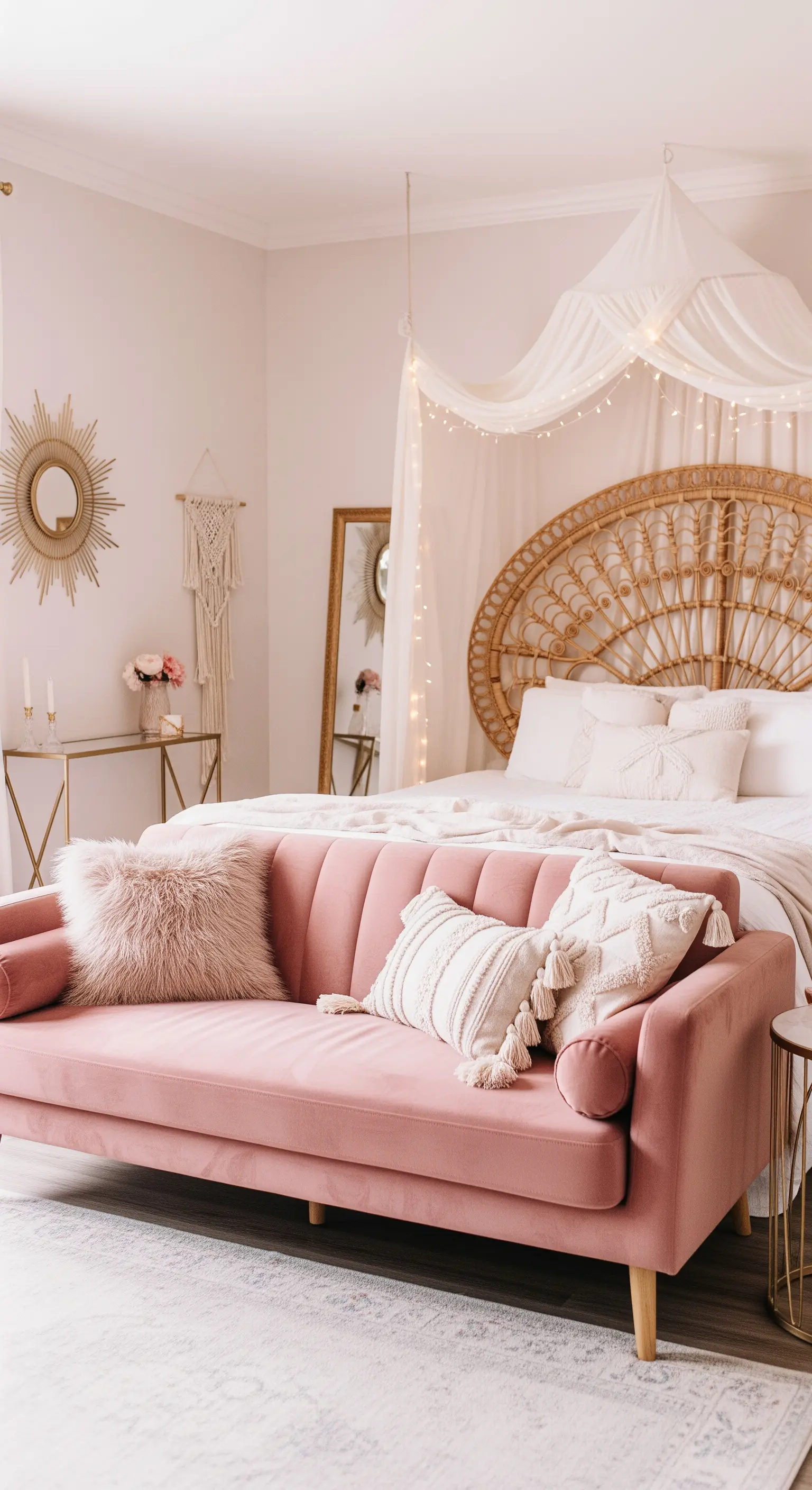 Romantisches Boho-Schlafzimmer mit rosa Samtsofa und Bett-Baldachin mit Lichterketten.