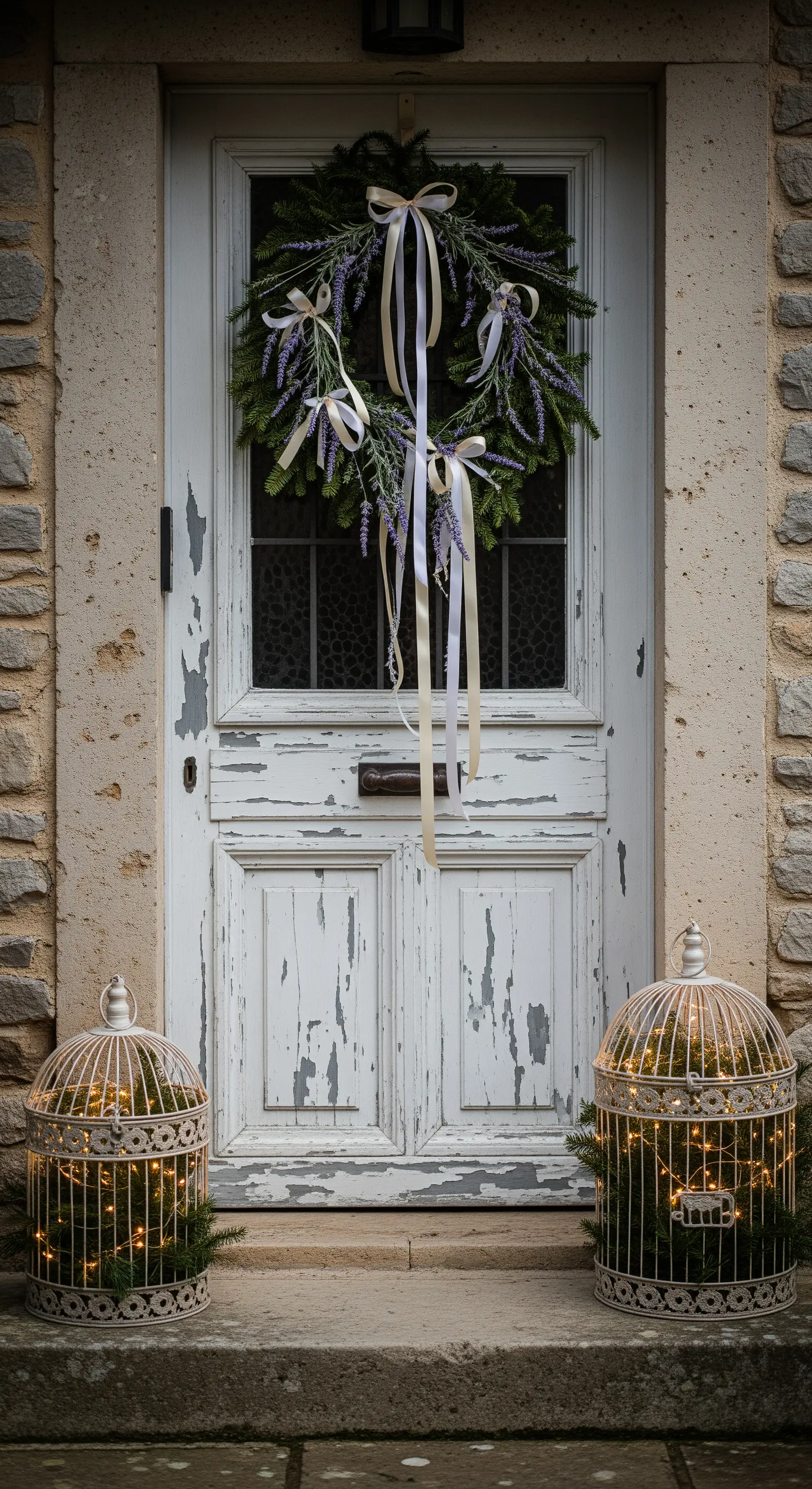 Shabby-Chic-Tür mit Tannenkranz, Lavendel und beleuchteten Vogelkäfigen.
