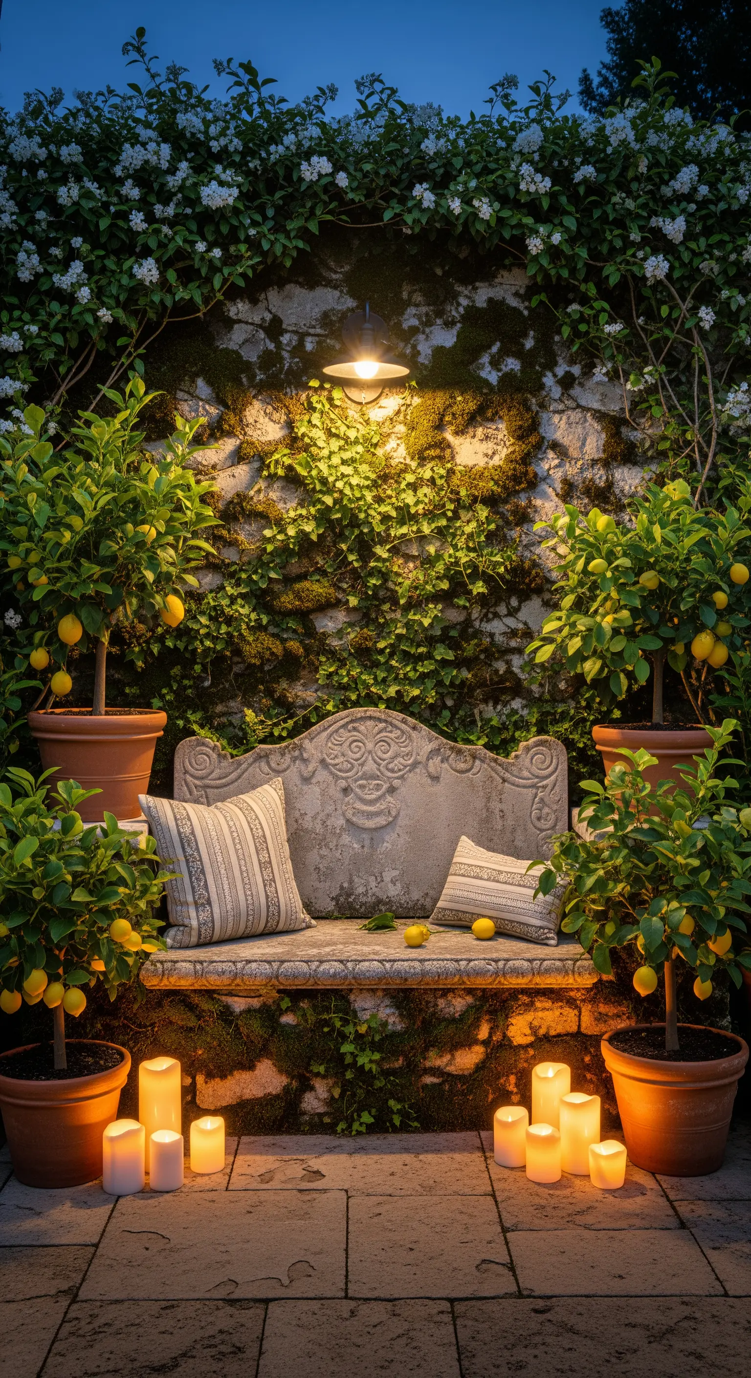 Steinbank mit Kissen, umgeben von Zitronenbäumen und Kerzenlicht an einer Steinmauer