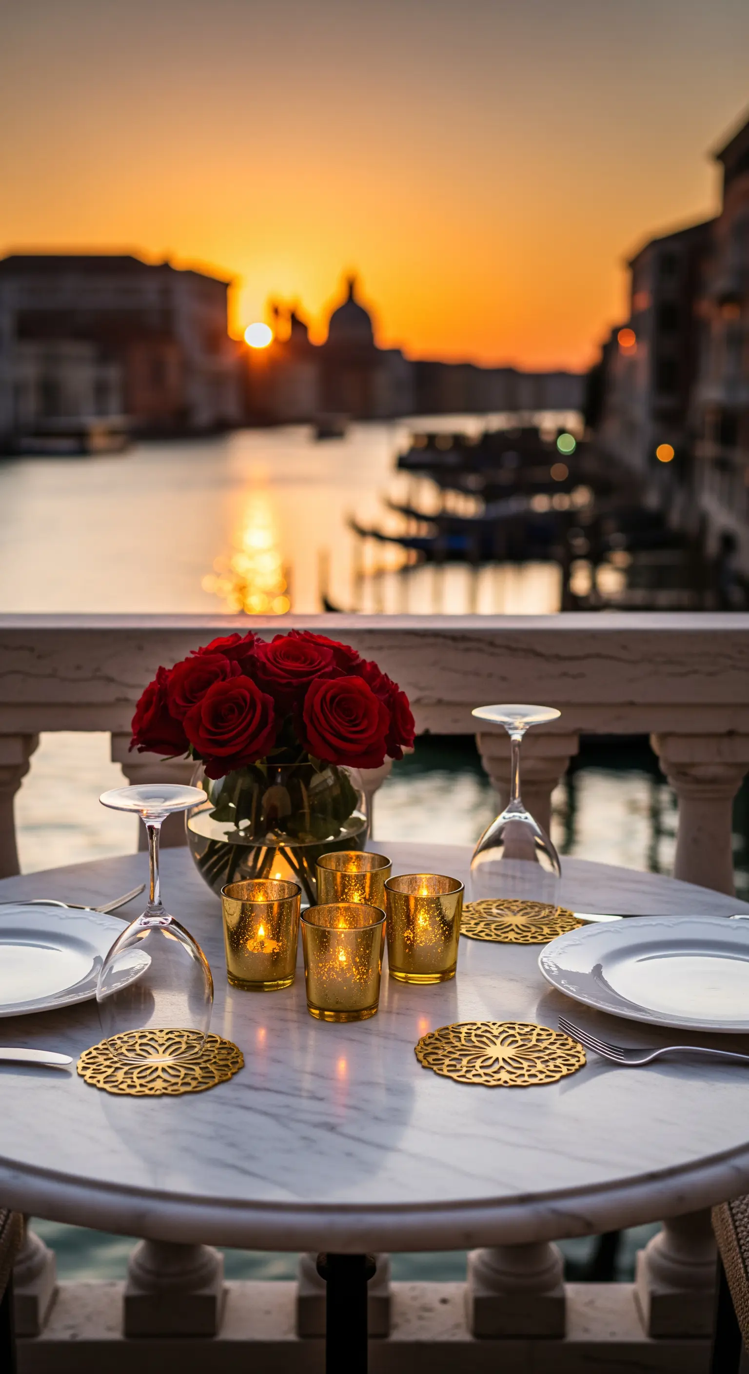 Balkontisch in Venedig mit roten Rosen, goldenen Teelichtern auf Marmorplatte.