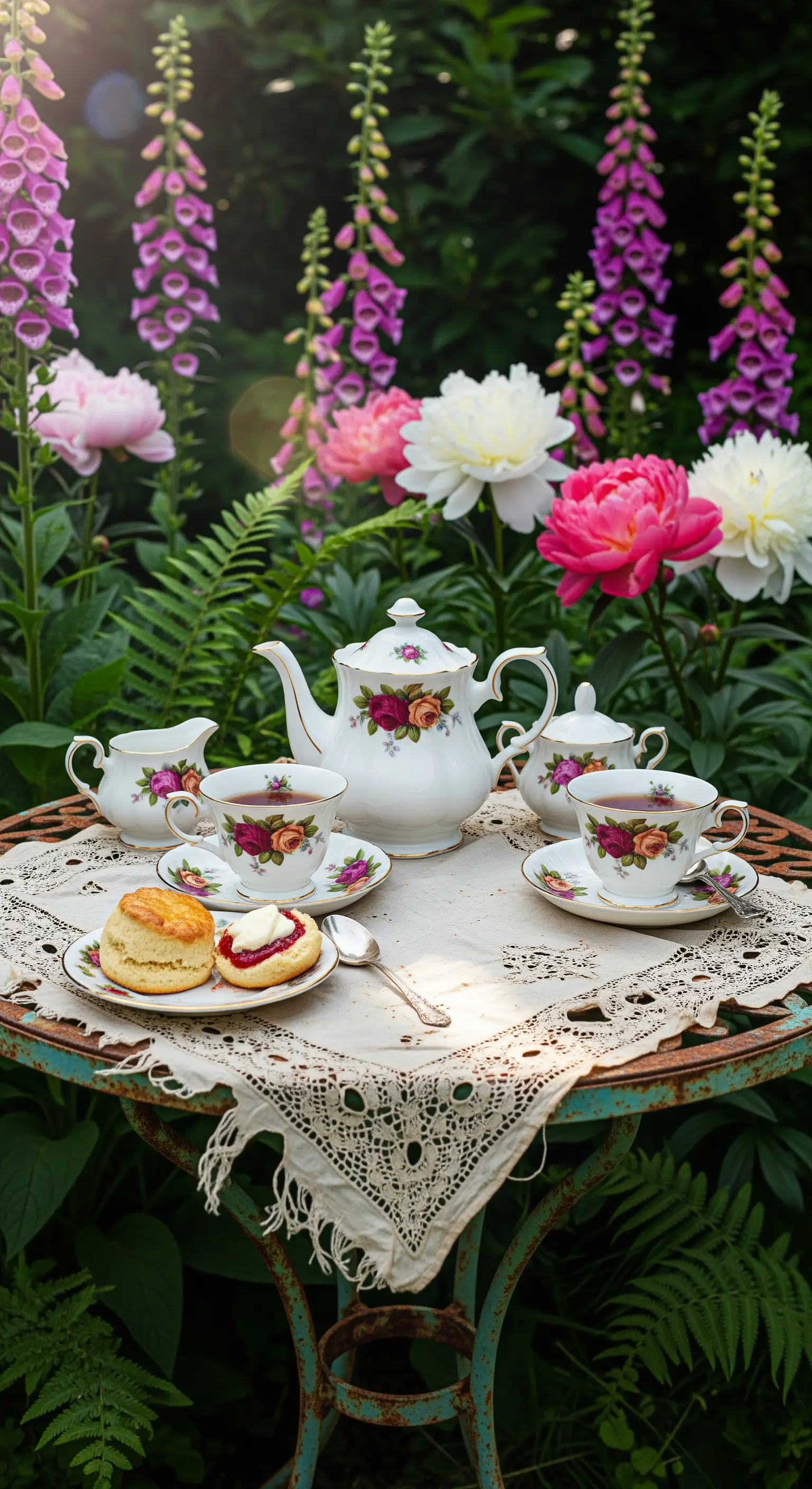 Vintage-Teetisch mit Porzellanservice und Scones, umgeben von blühenden Pfingstrosen und Fingerhütern.