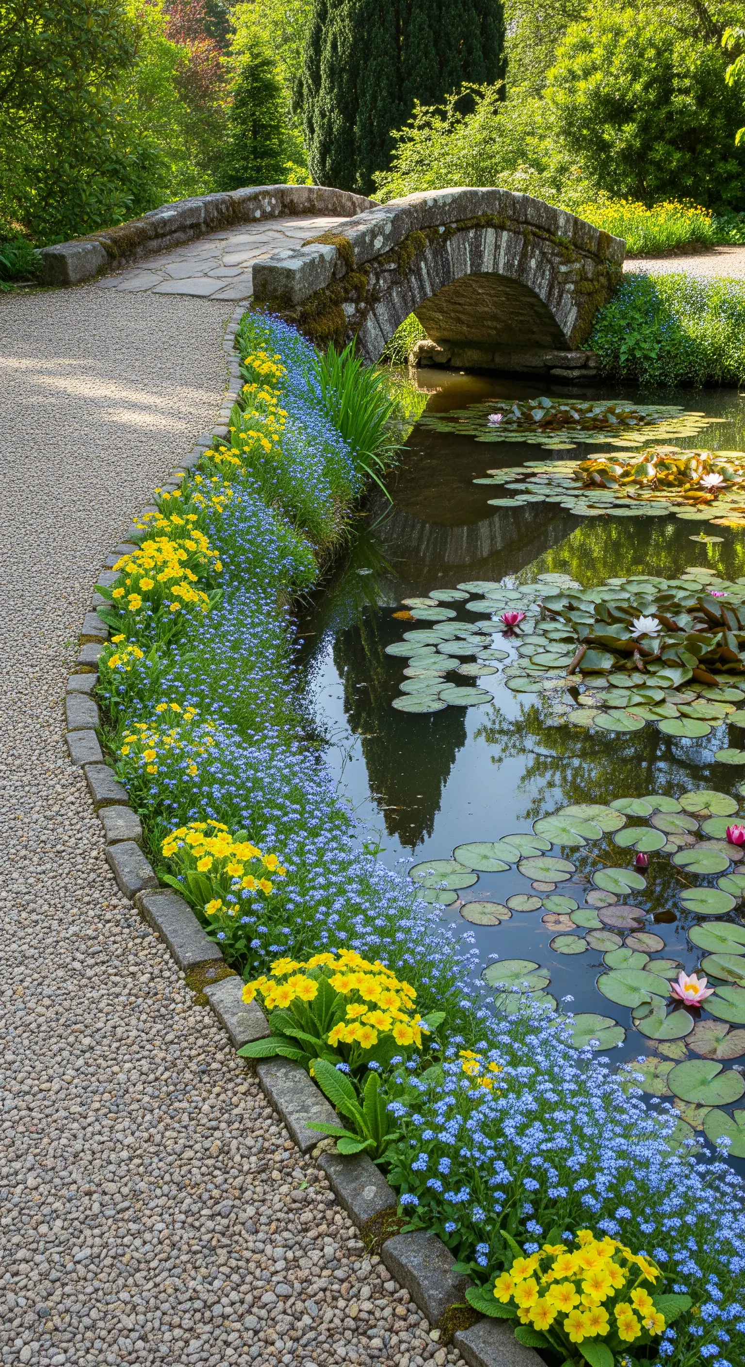 Kiesweg entlang Teich mit Seerosen, Vergissmeinnicht und Steinbrücke