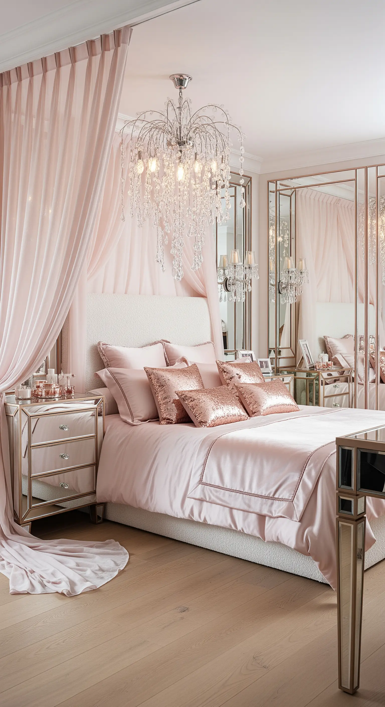 Rosa Schlafzimmer mit Vorhang-Baldachin, Kristallleuchter und Spiegelmöbeln.