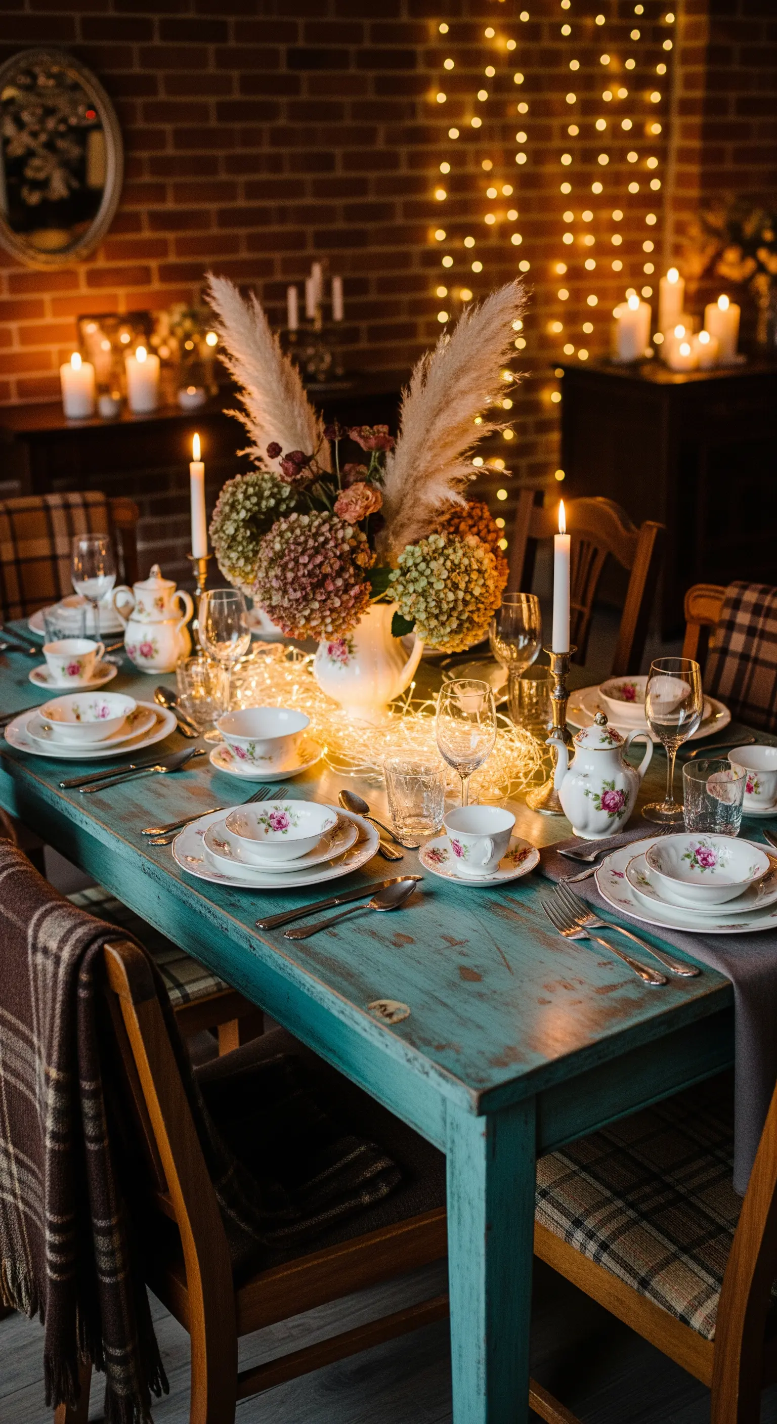 Vintage Herbsttafel, Pampasgras, Hortensien, Lichterketten-Wand, karierte Plaids.