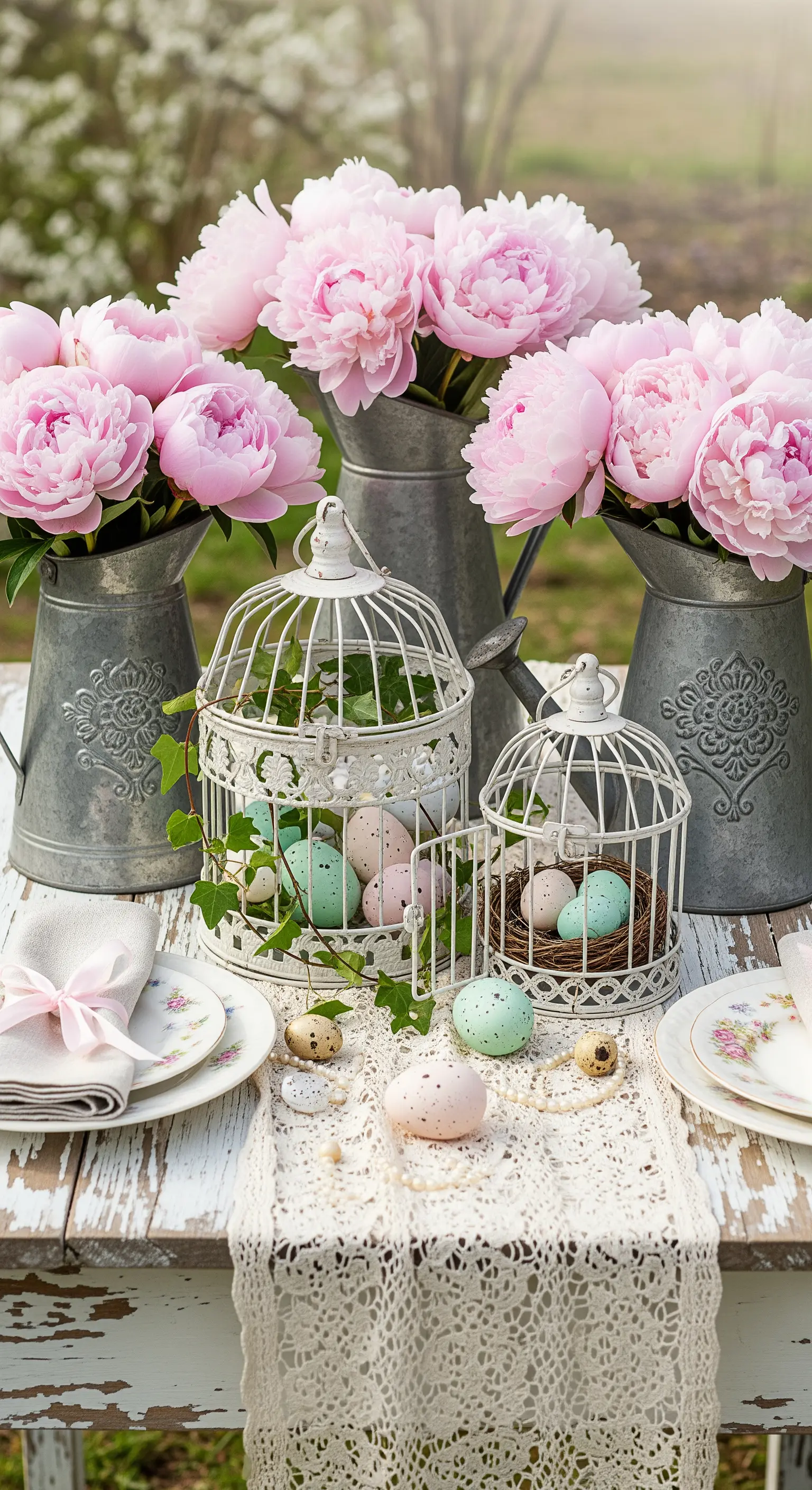 Romantische Vintage-Ostertafel mit Pfingstrosen, Vogelkäfigen und Spitzenläufer