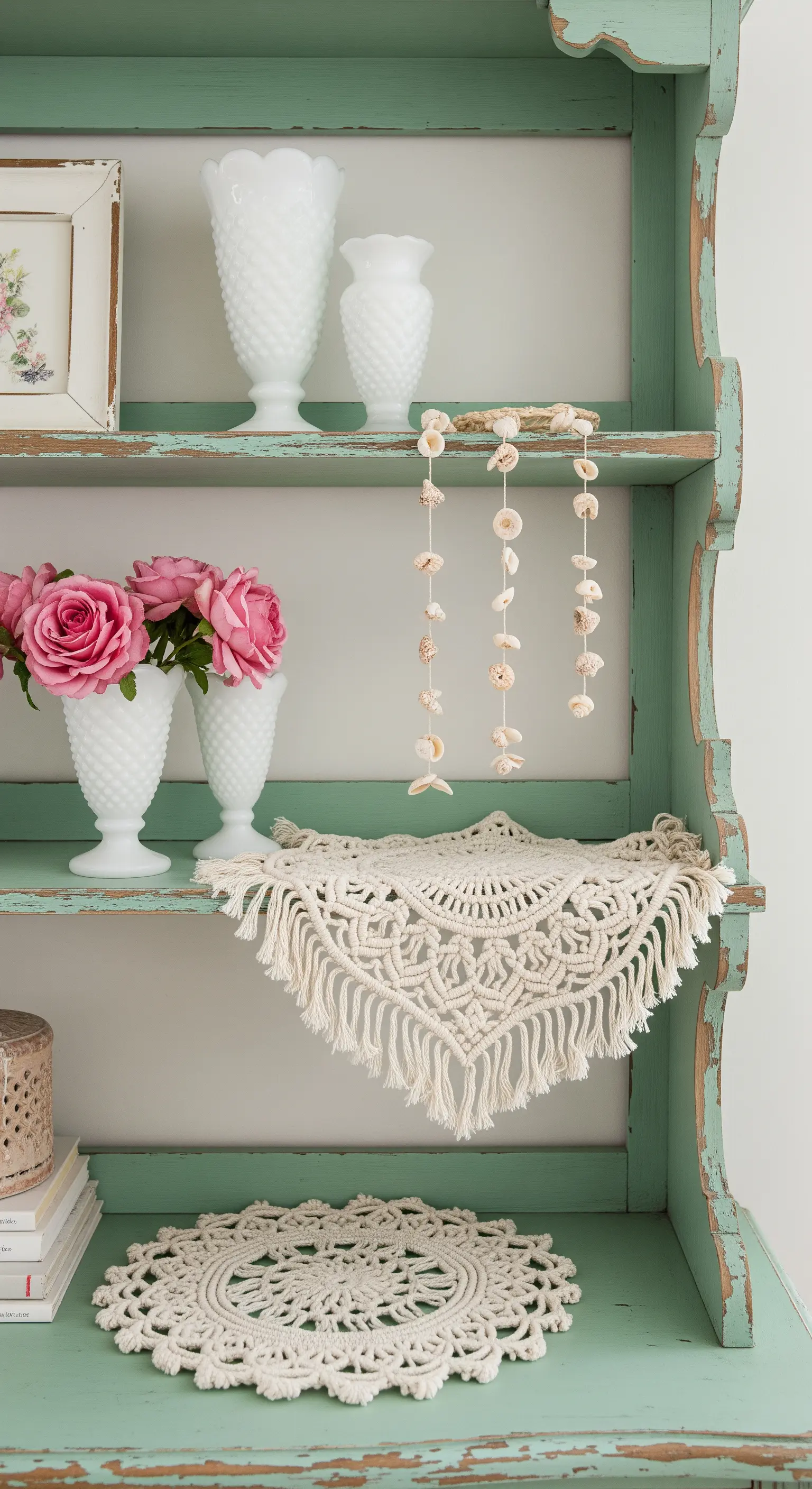 Mintgrünes Vintage-Regal mit Makramee-Deckchen, weißen Vasen und einer Muschelgirlande.