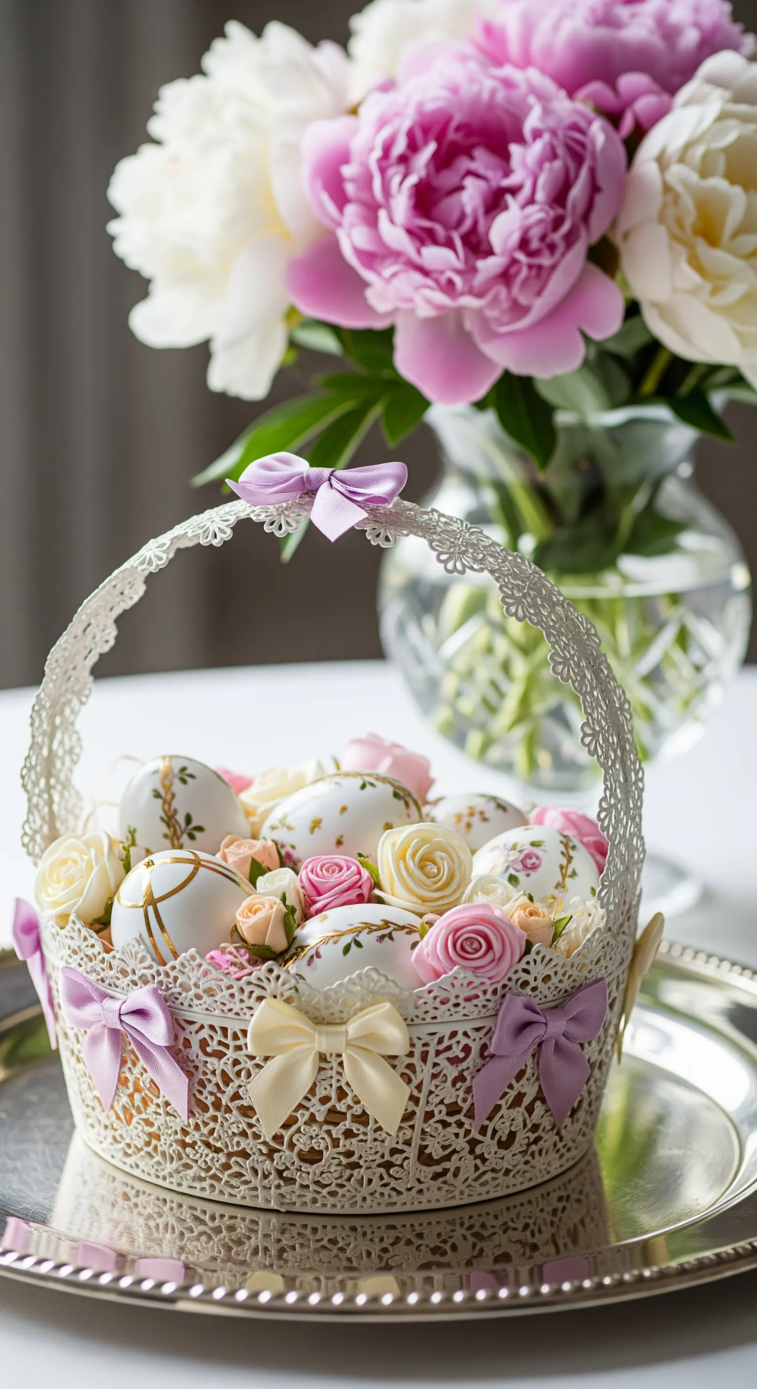 Weißer Metallkorb mit Spitze, goldverzierten Eiern, Rosen und Pastellbändern, Pfingstrosen im Hintergrund