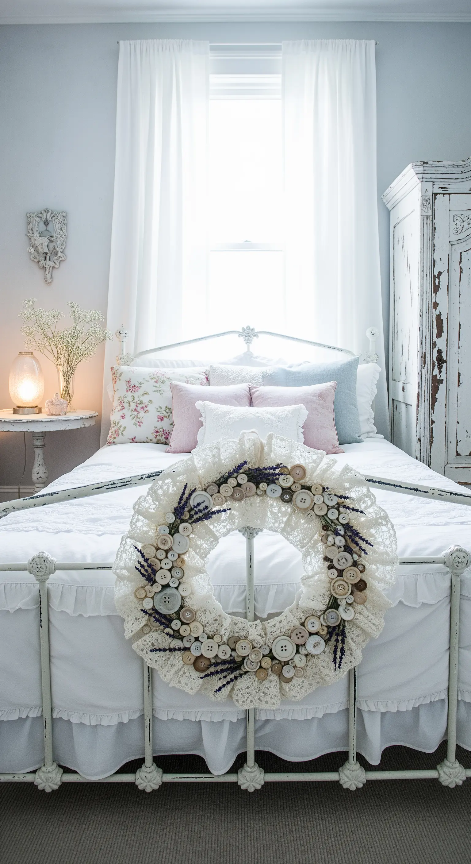 Spitzenkranz mit Knöpfen auf einem Shabby-Chic-Bett
