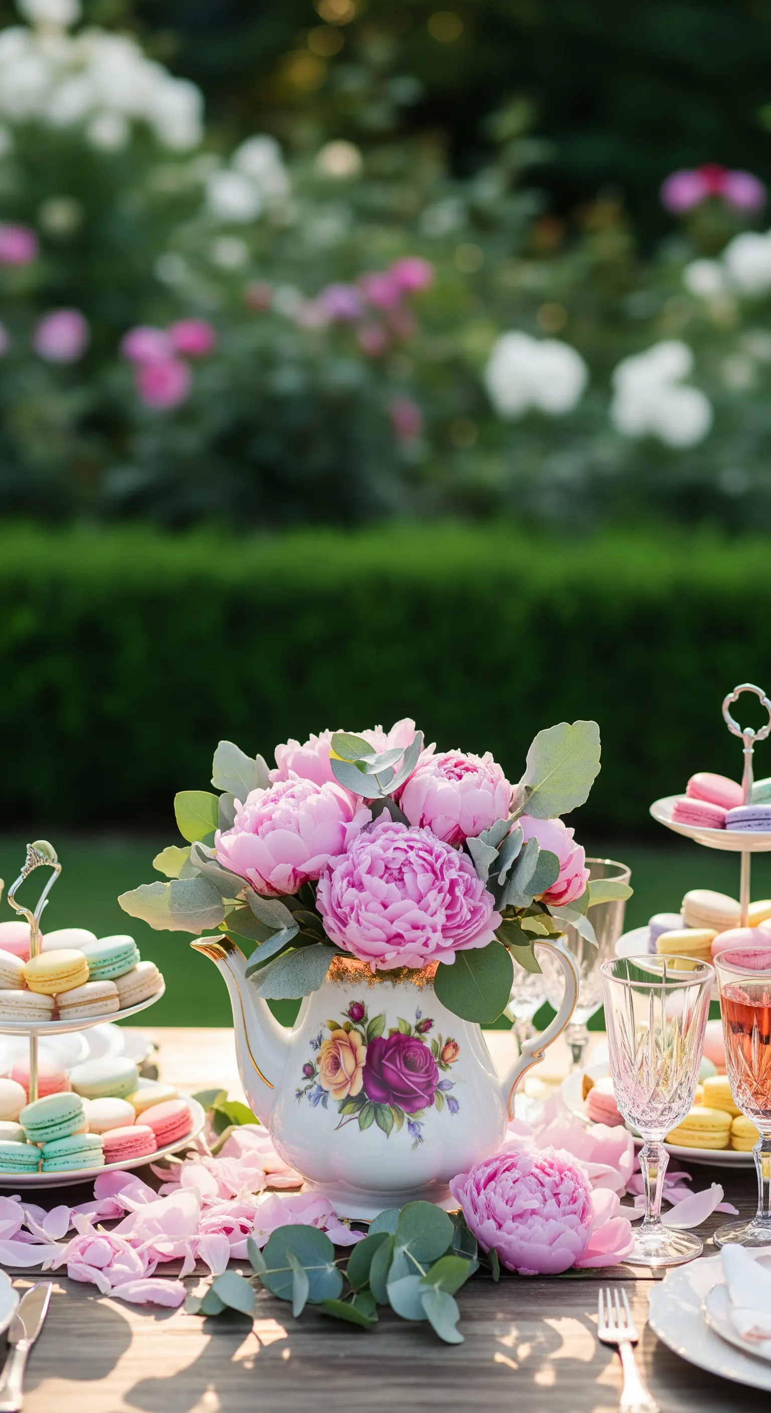 Vintage Teekanne mit Pfingstrosen und Macarons