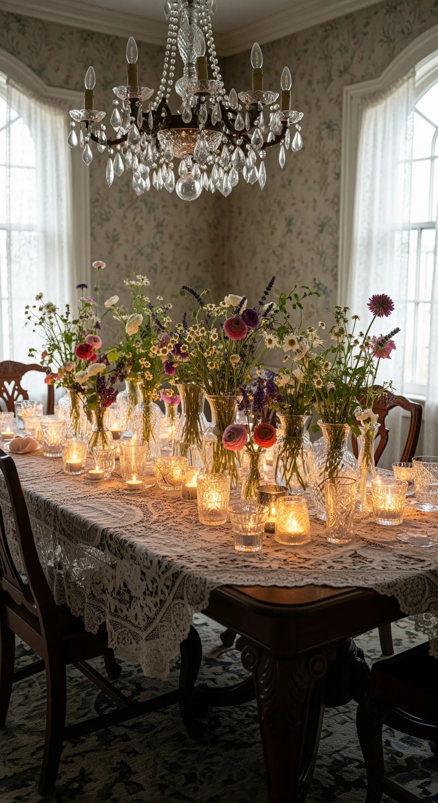 Vintage Osterdeko: Wildblumen, Spitzenläufer und zahlreiche Teelichter
