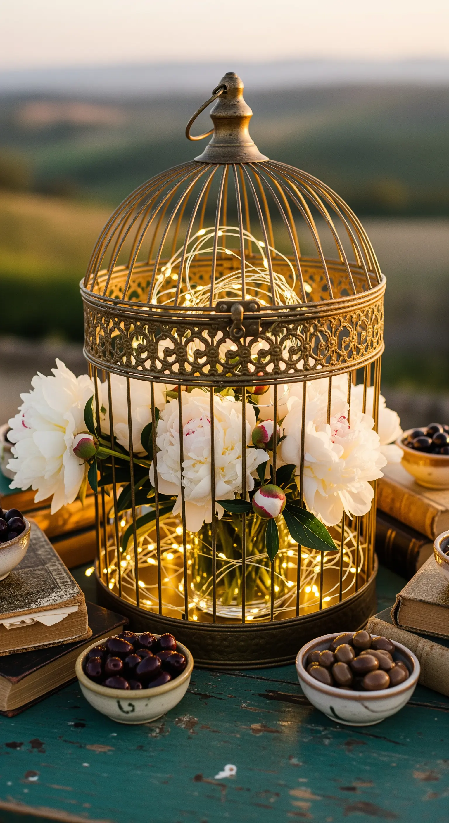 Vintage-Vogelkäfig mit Lichterketten und Pfingstrosen, umgeben von Büchern und Oliven