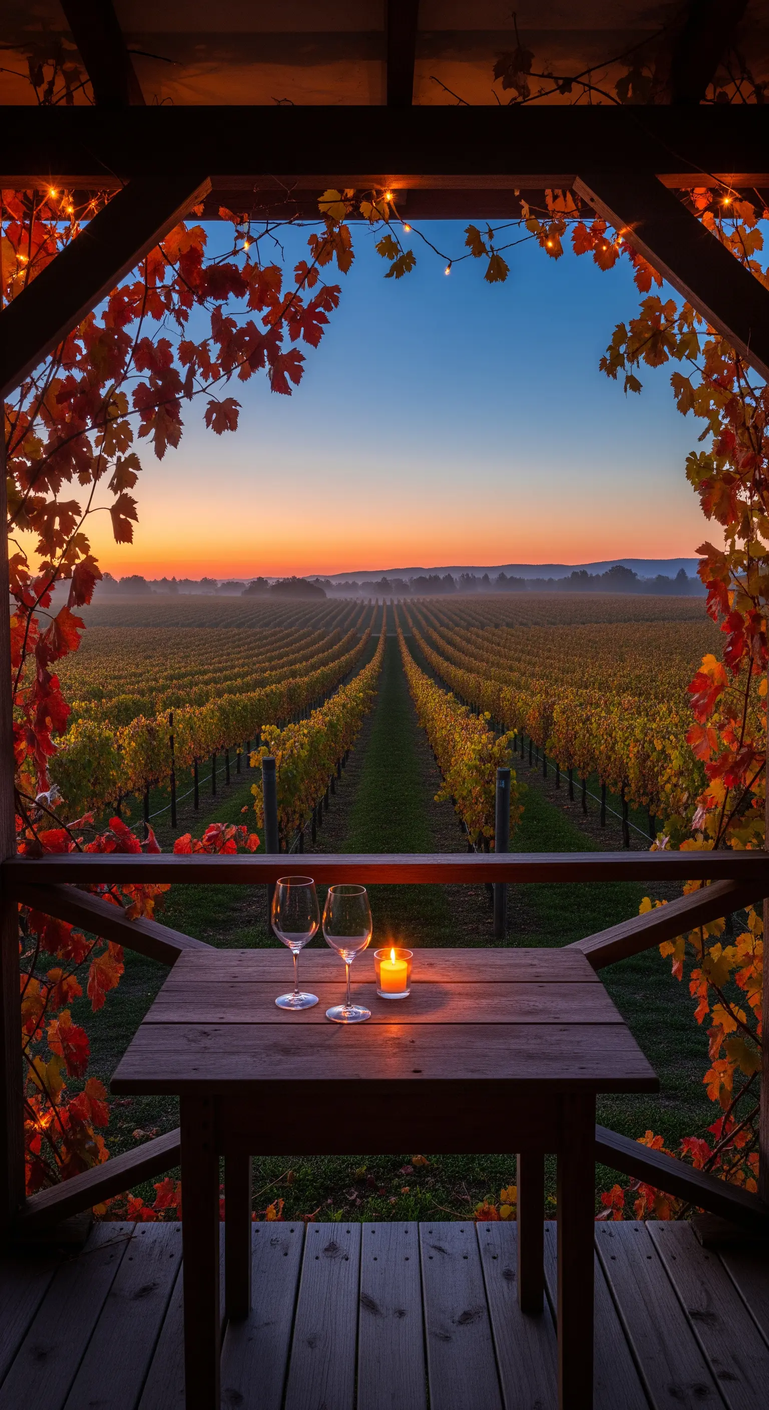 Veranda mit Tisch für zwei, Kerze, Weingläser, Blick auf Weinberg