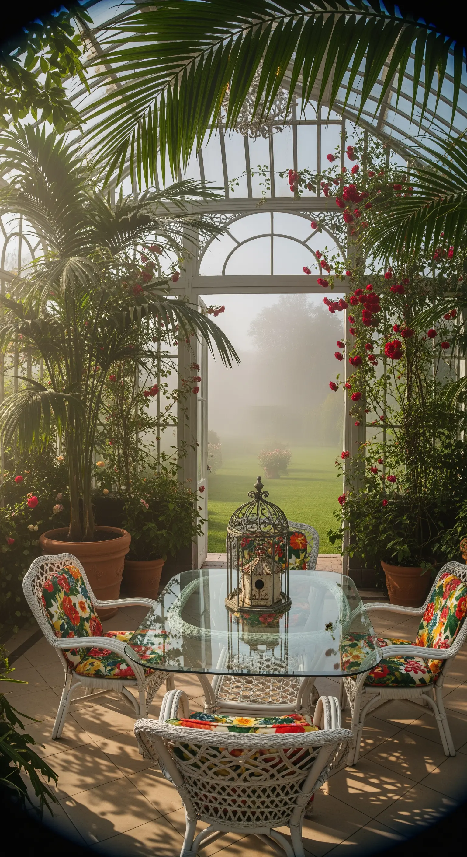 Wintergarten, Glastisch, Rattanstühle, tropische Pflanzen, Rosen, Vogelkäfig