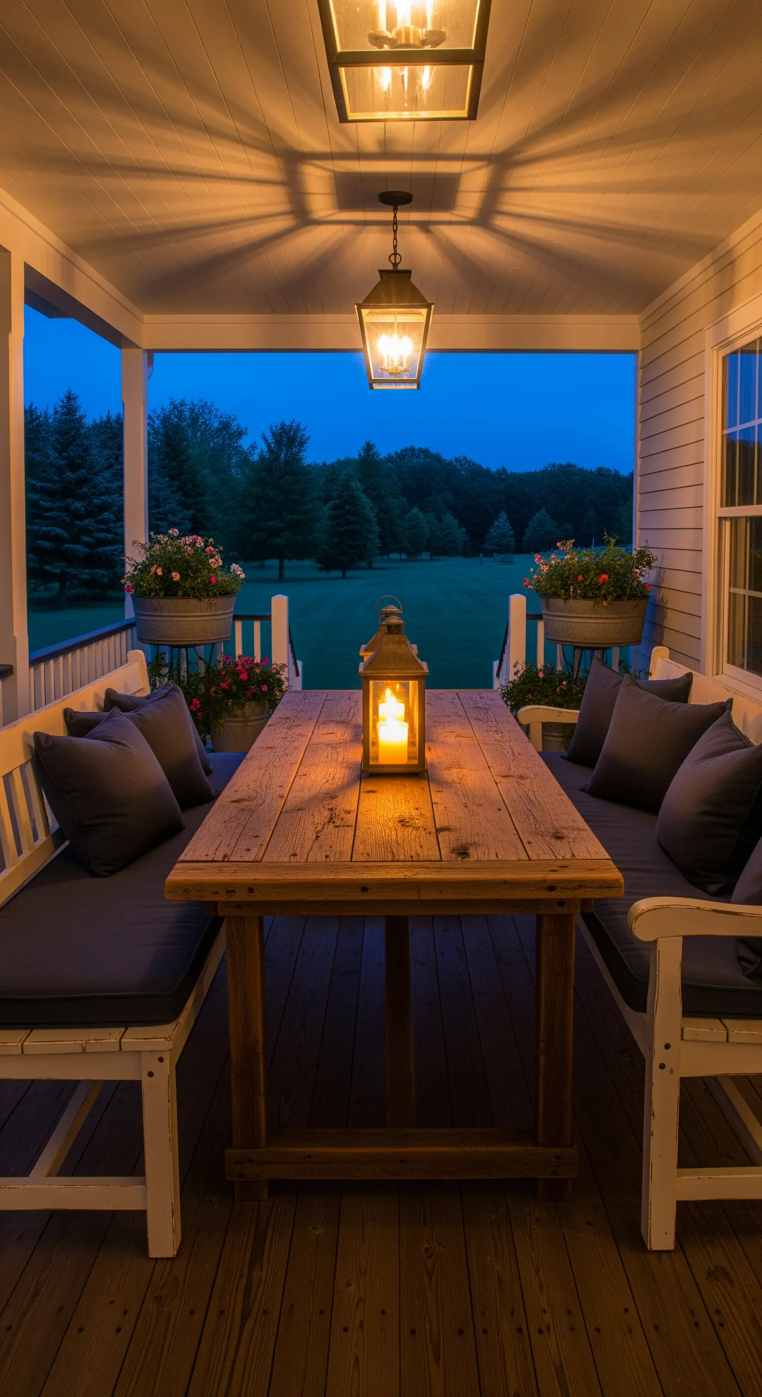 Gemütlicher Veranda-Esstisch mit großer Laterne, Kerzen und dunklen Kissen in der Dämmerung