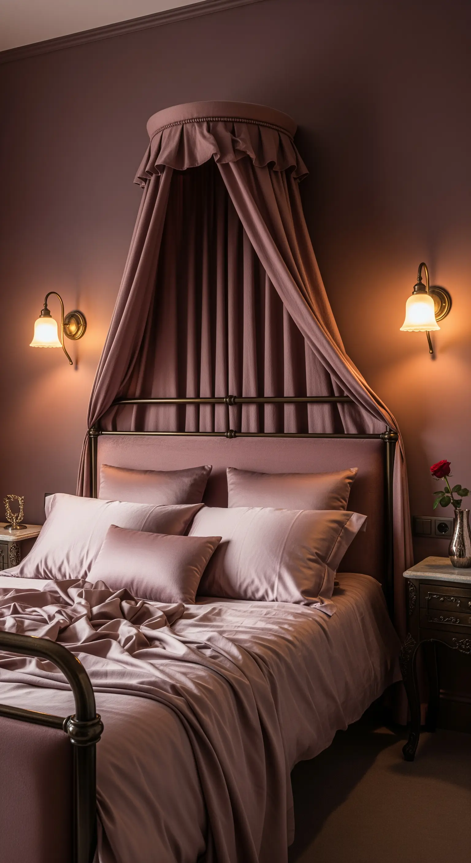 Altrosa Baldachinbett, Vintage-Stil, Samt-Kopfteil, antike Wandlampen, romantisch