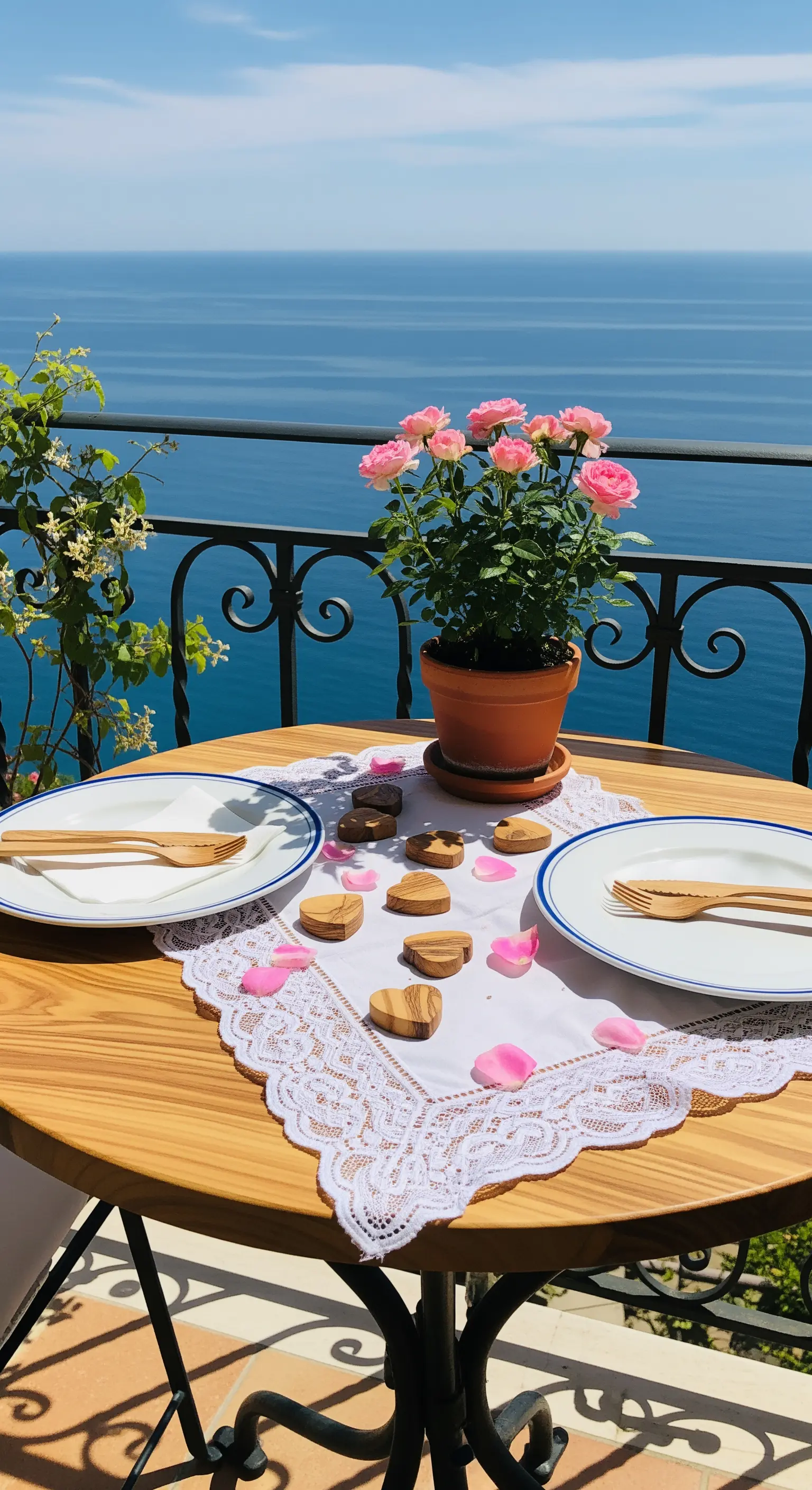 Balkontisch mit Meerblick, Topfrose, Spitzendecke und Olivenholz-Herzen