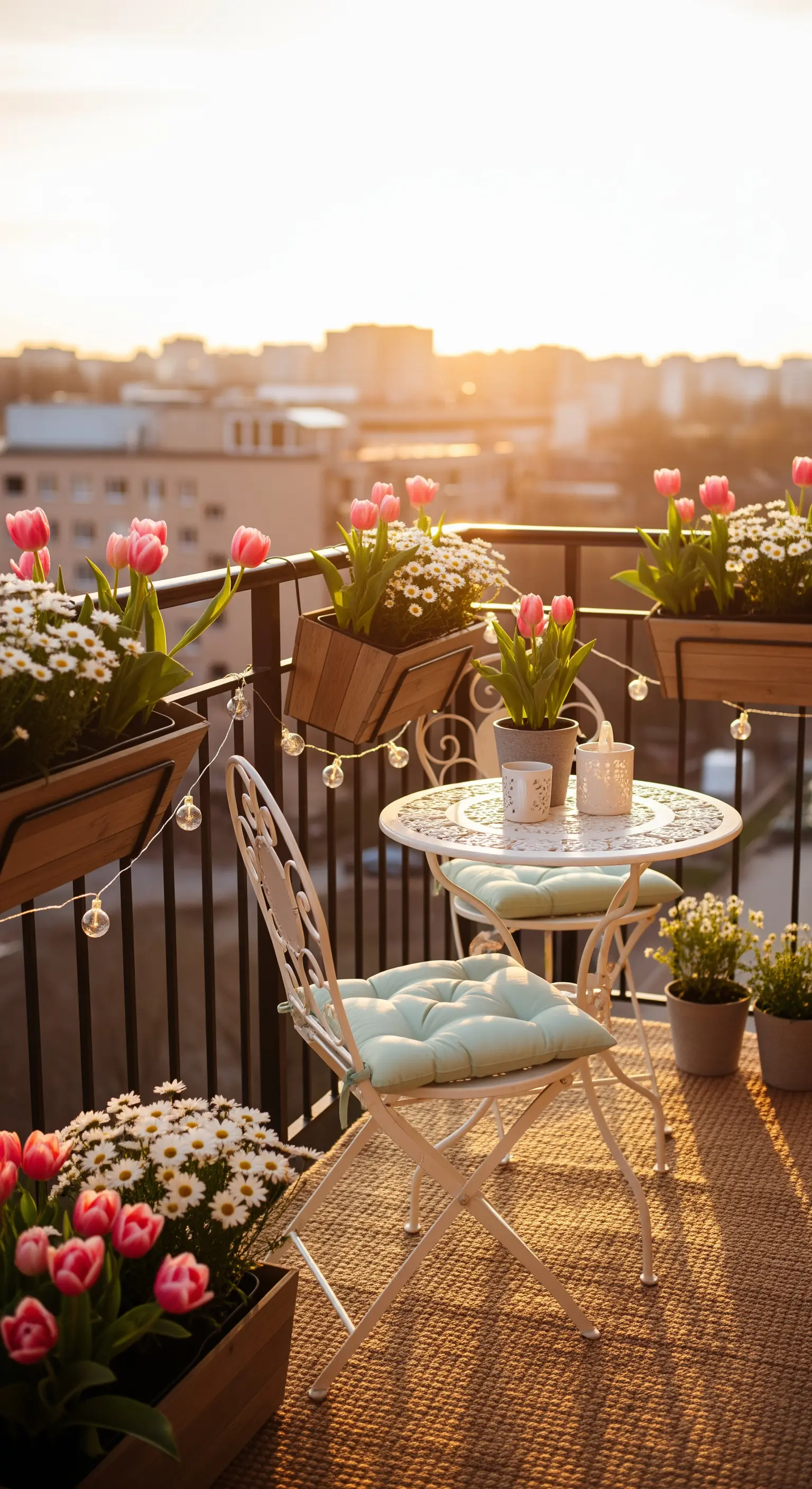 Balkon, Tulpen, Lichterkette, Sonnenaufgang, mintgrüne Kissen, gemütliche Stimmung