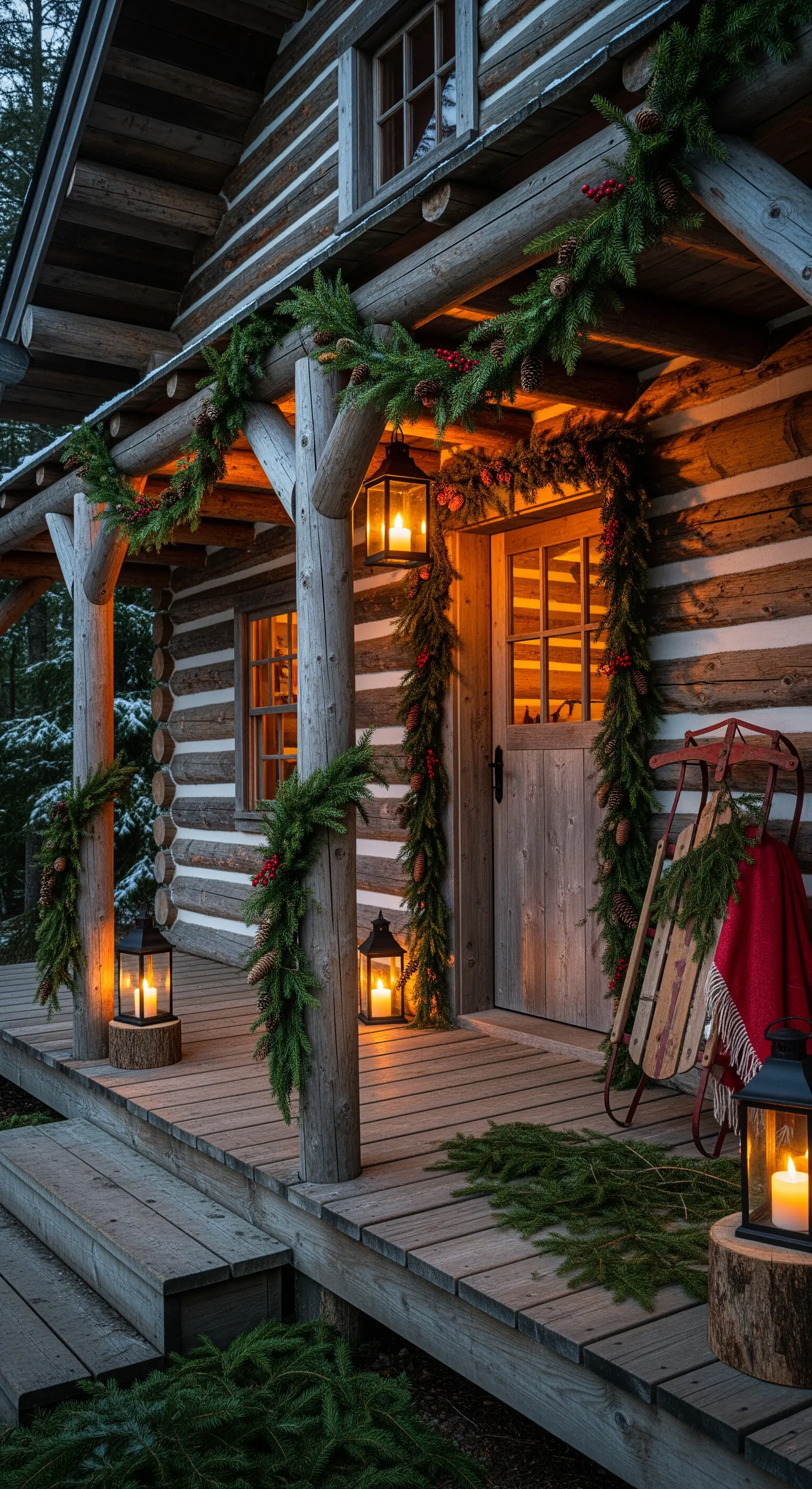 Blockhaus mit Tannengirlanden, roten Beeren, Laternen und Holzschlitten.