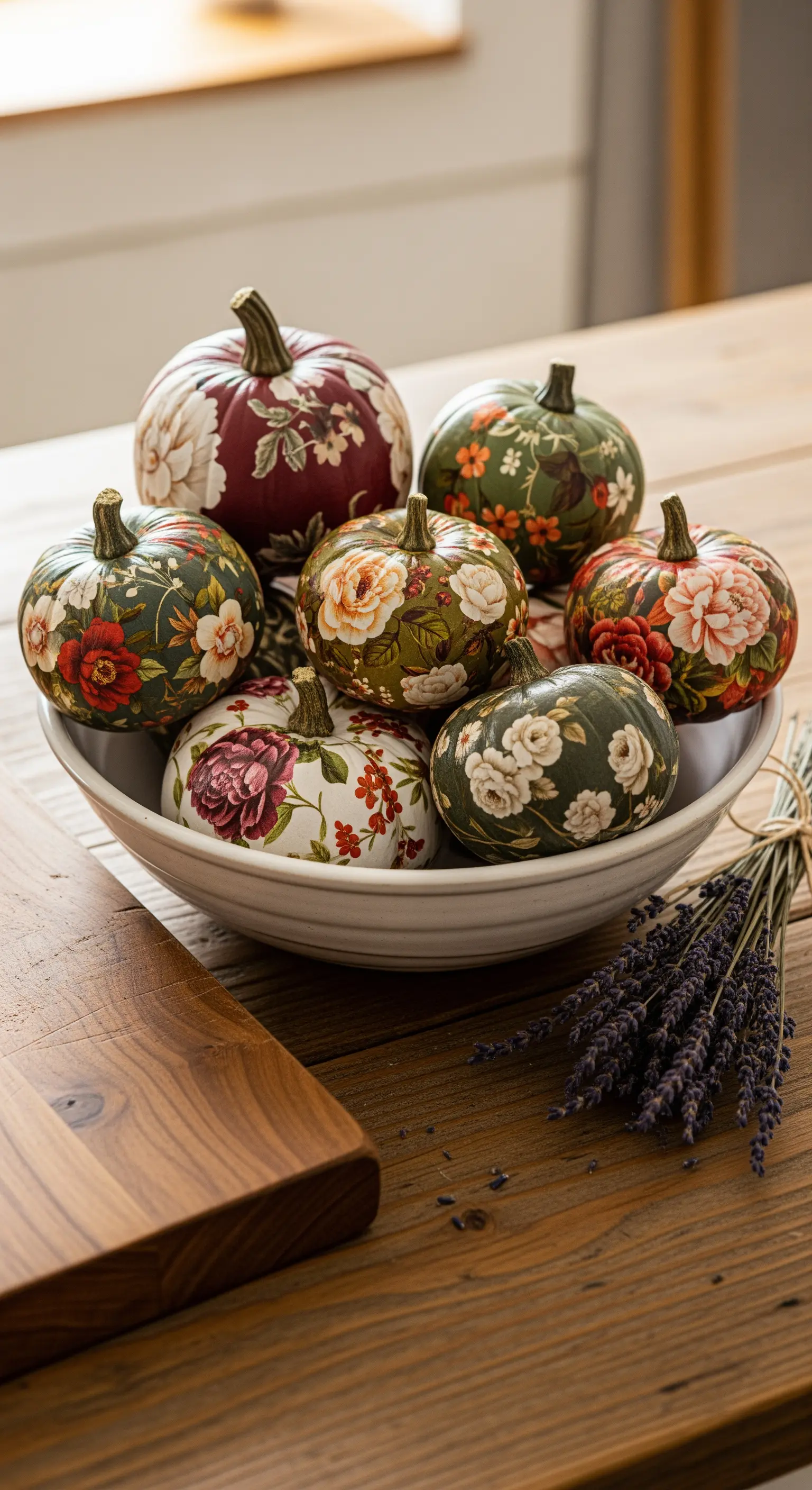 Weiße Schale gefüllt mit Kürbissen mit floralen Mustern, daneben Lavendel.