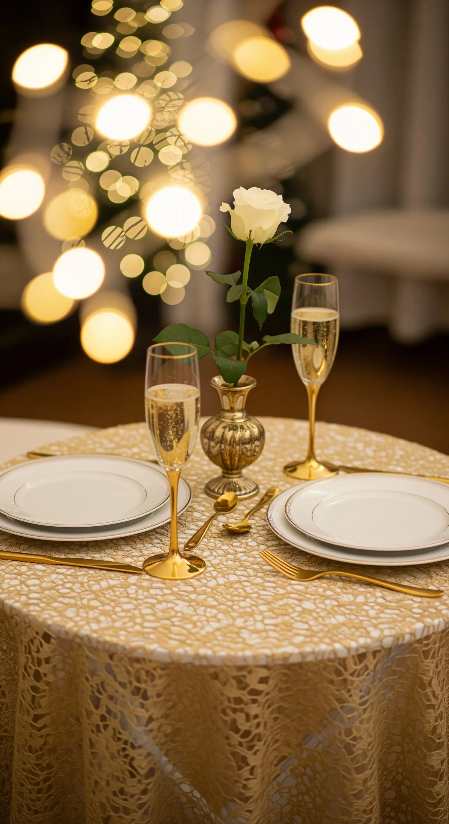 Romantisches Dinner für Zwei mit Gold-Spitzentischdecke und weißer Rose