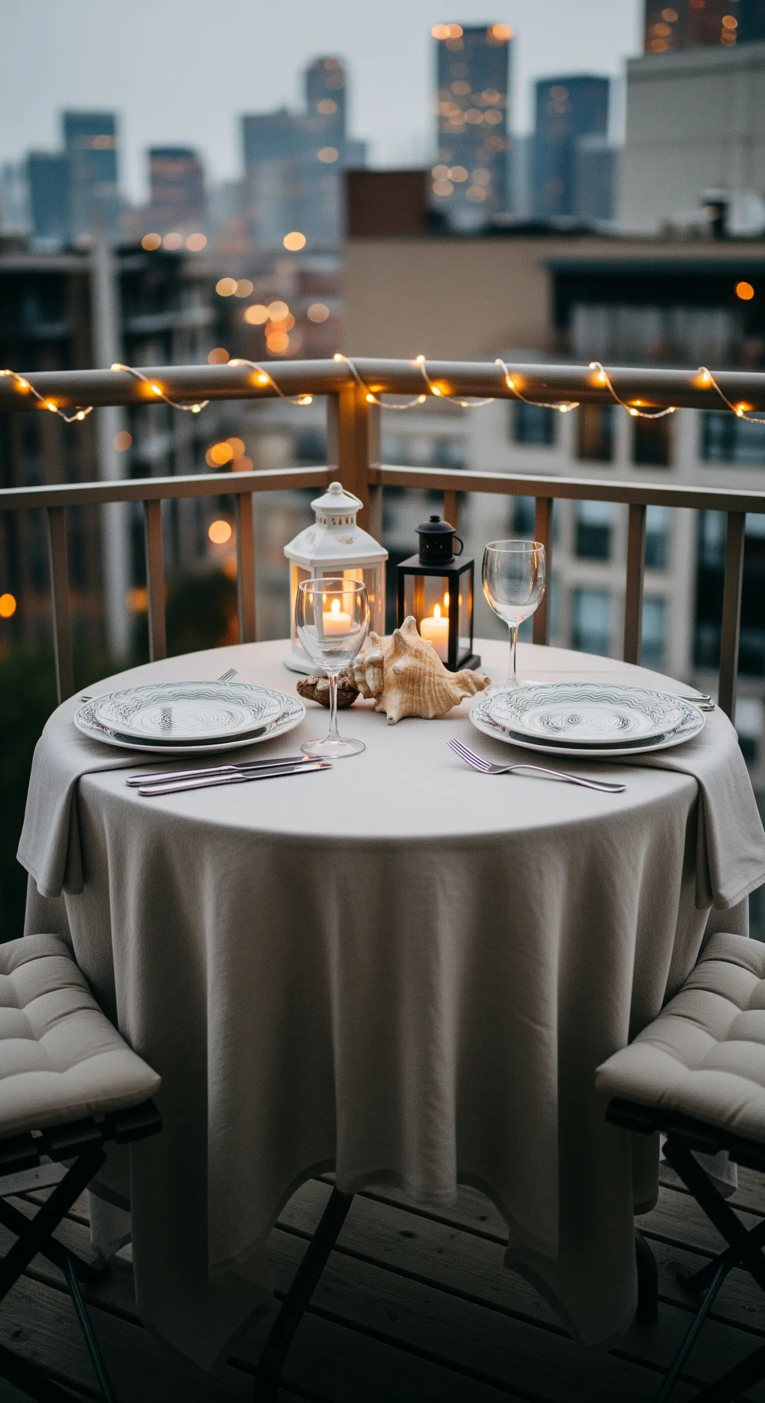 Kleiner runder Balkontisch für zwei Personen, romantisch dekoriert mit Tischdecke und Laternen.