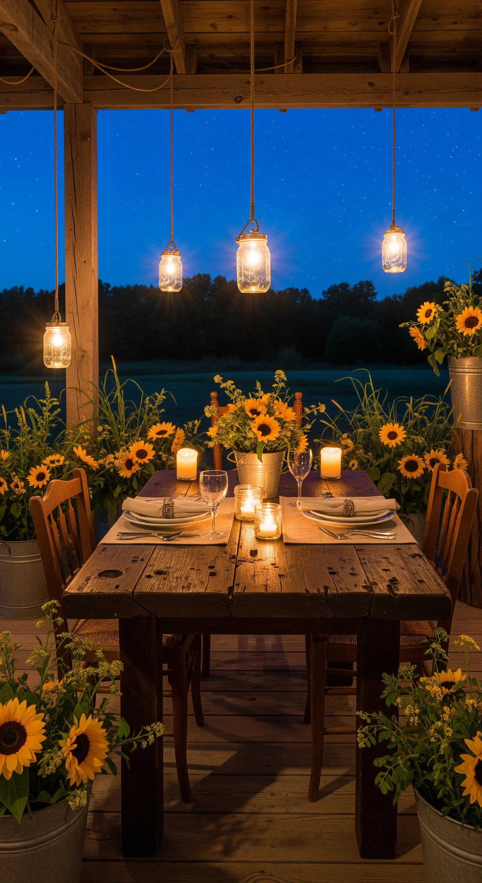 Rustikales Dinner mit Sonnenblumen, Kerzen, hängenden Mason Jar Lichtern