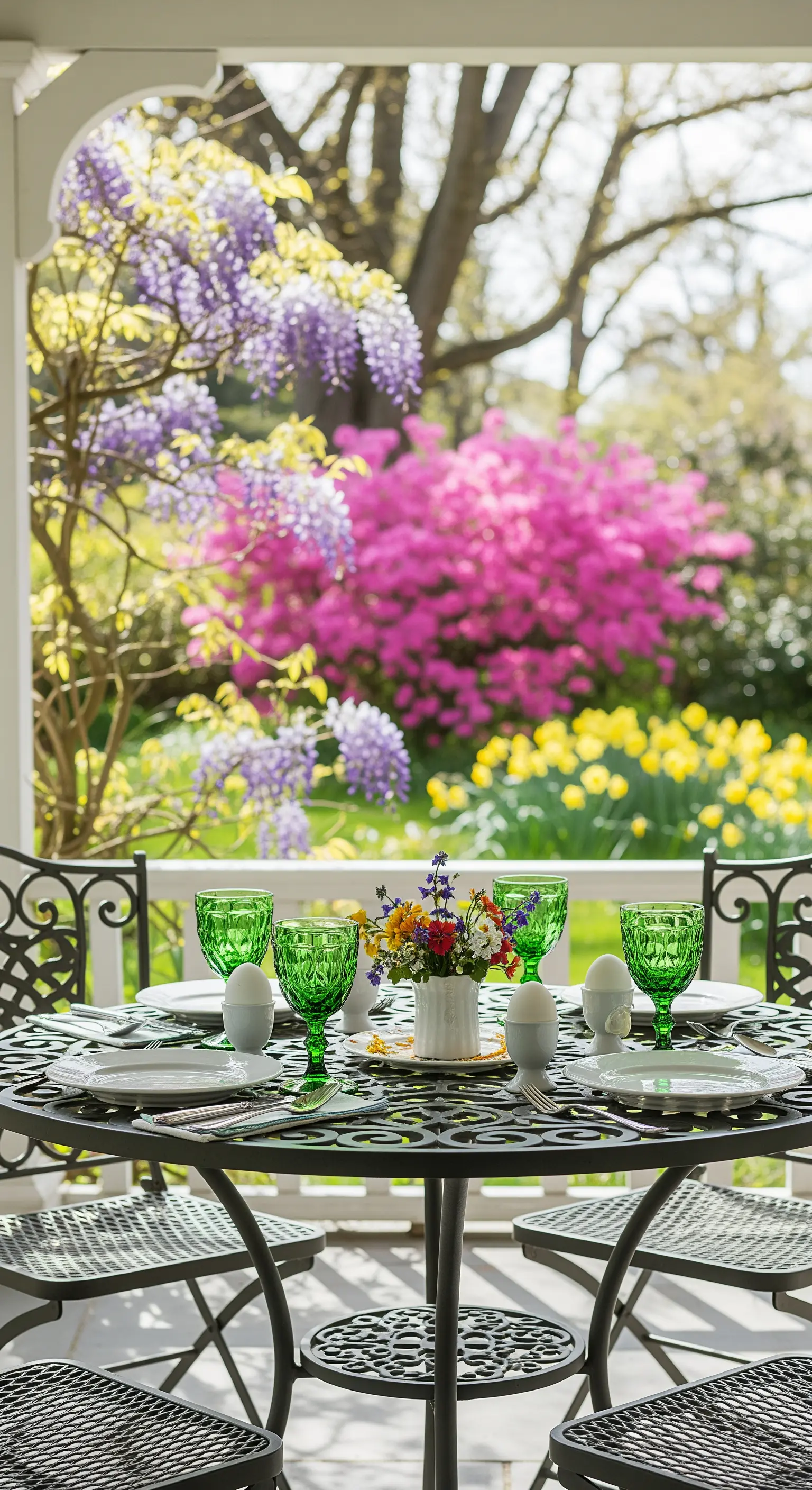 Gedeckter Tisch im Freien mit grünen Gläsern, Blumen und Eierbechern
