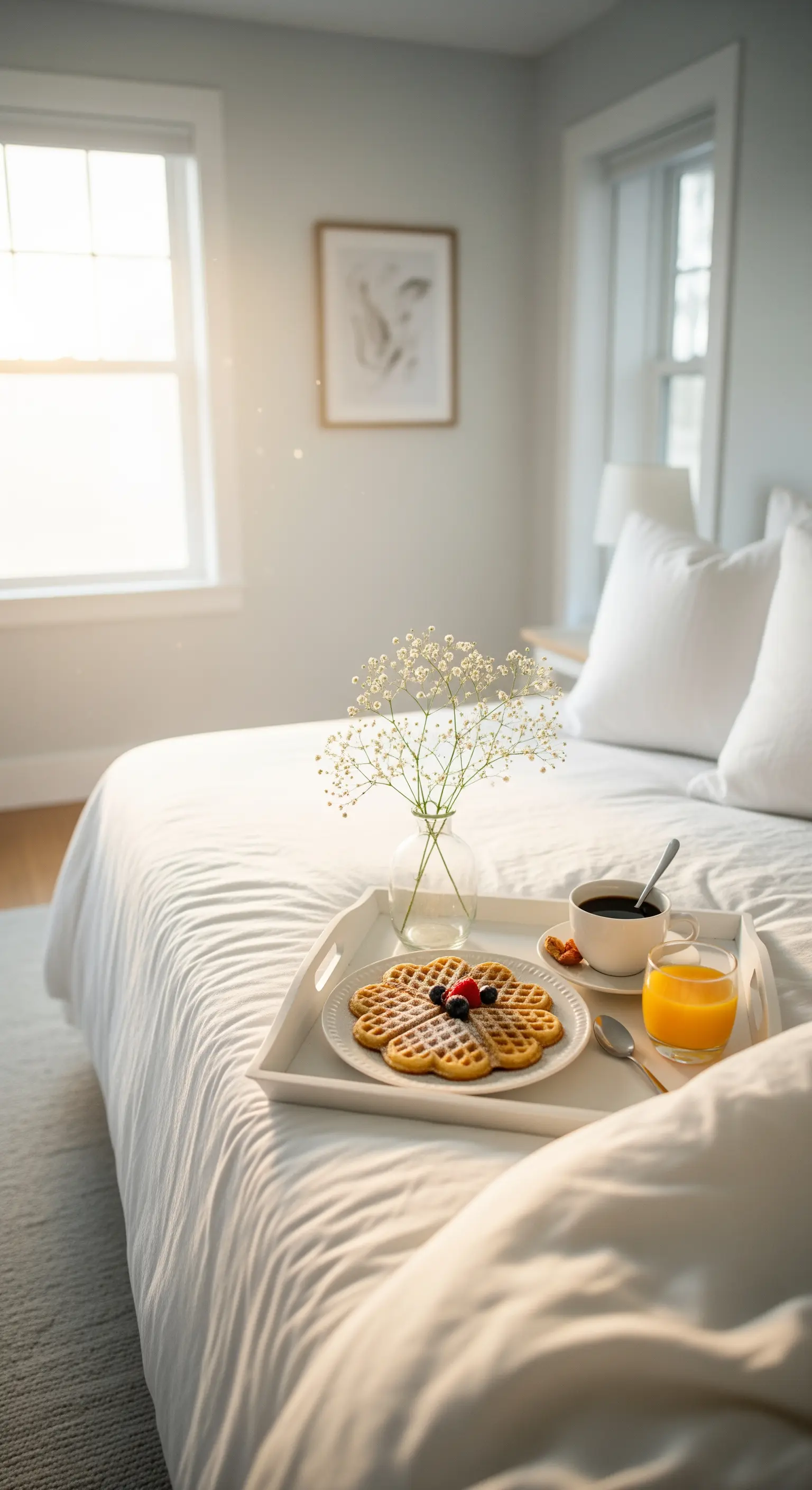 Weißes Bett mit Tablett: Waffel, Kaffee, Saft und eine kleine Vase mit Schleierkraut.