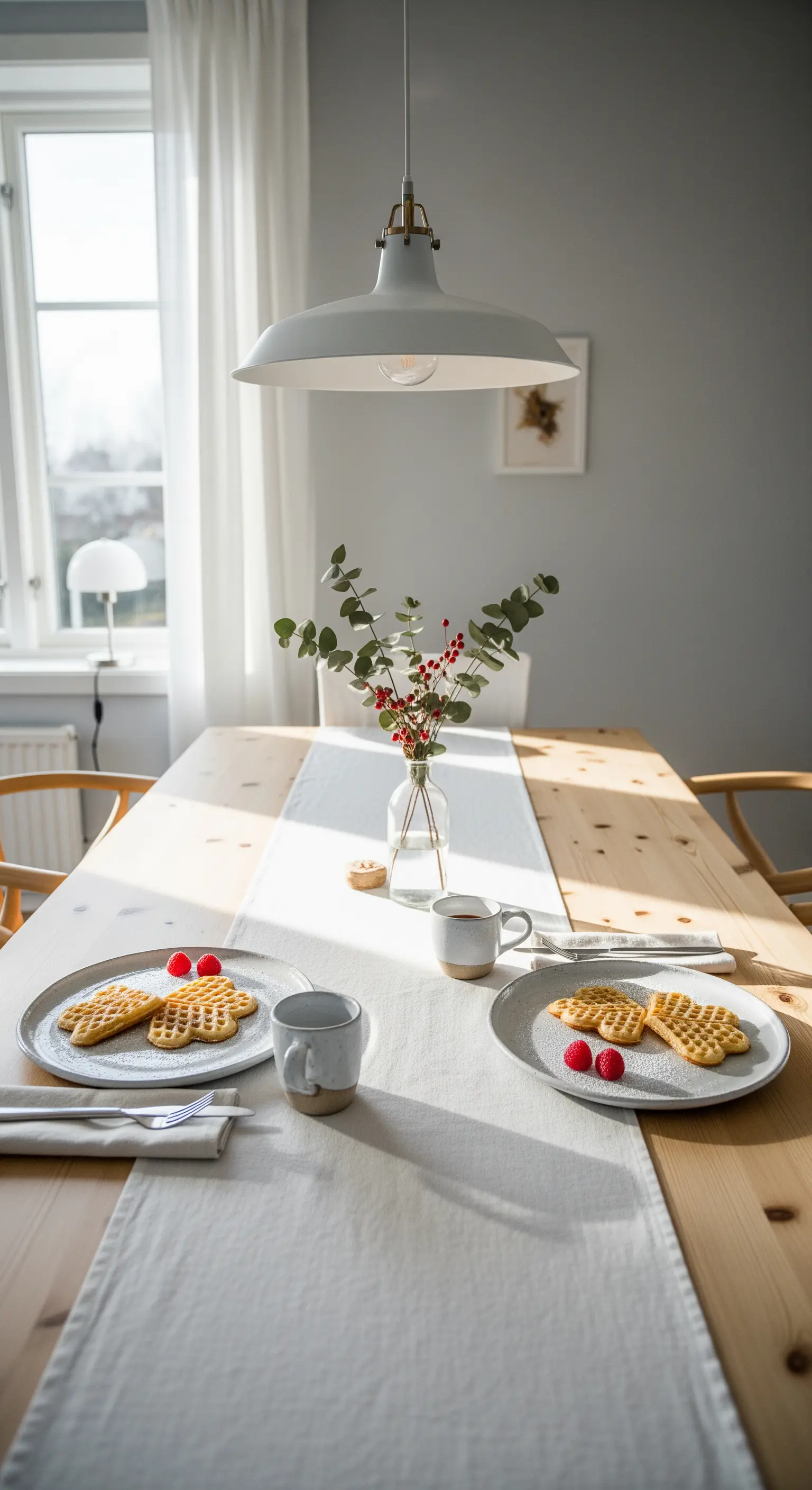 Frühstückstisch im Scandi-Stil mit Waffeln, Eukalyptus und Herzdetails.