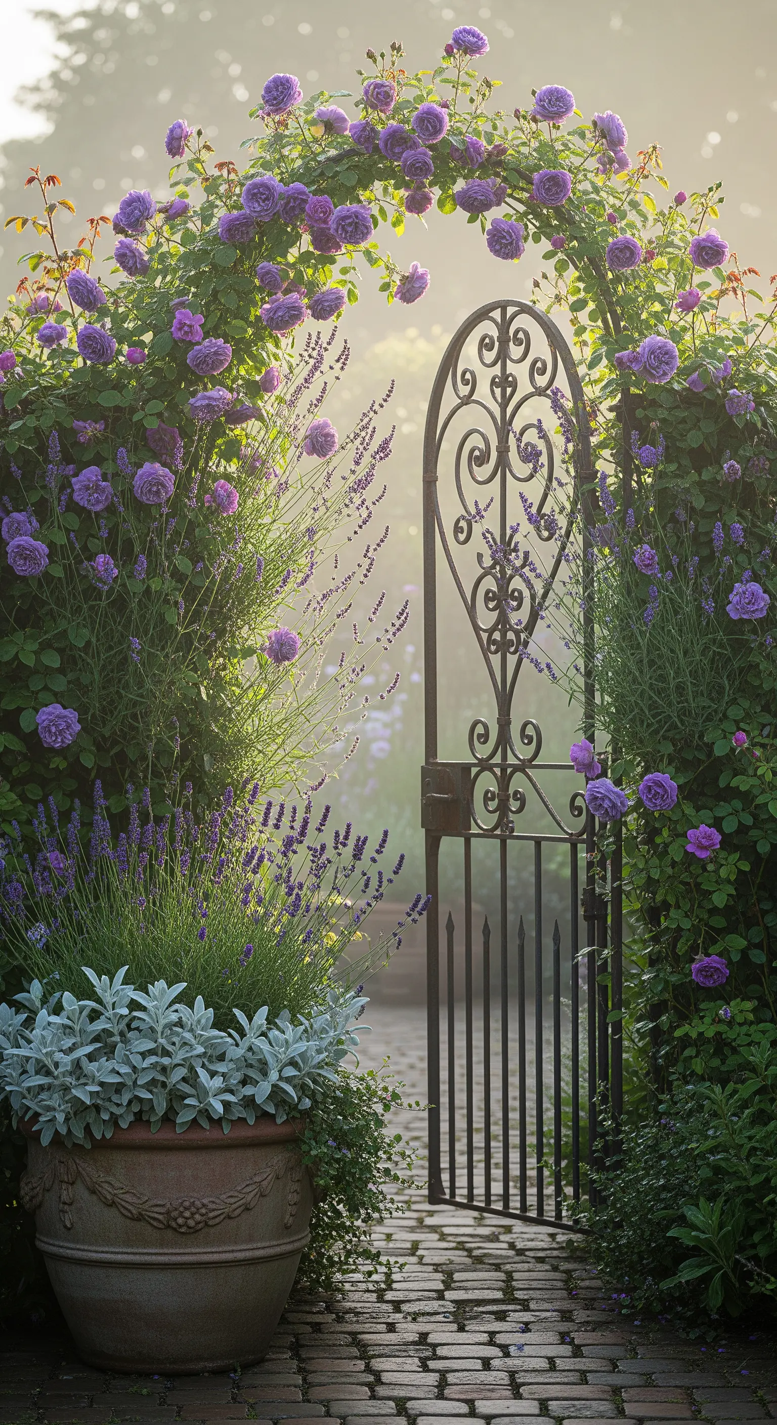 Schmiedeeisernes Gartentor mit lila Rosen, Lavendel und Terrakotta-Topf