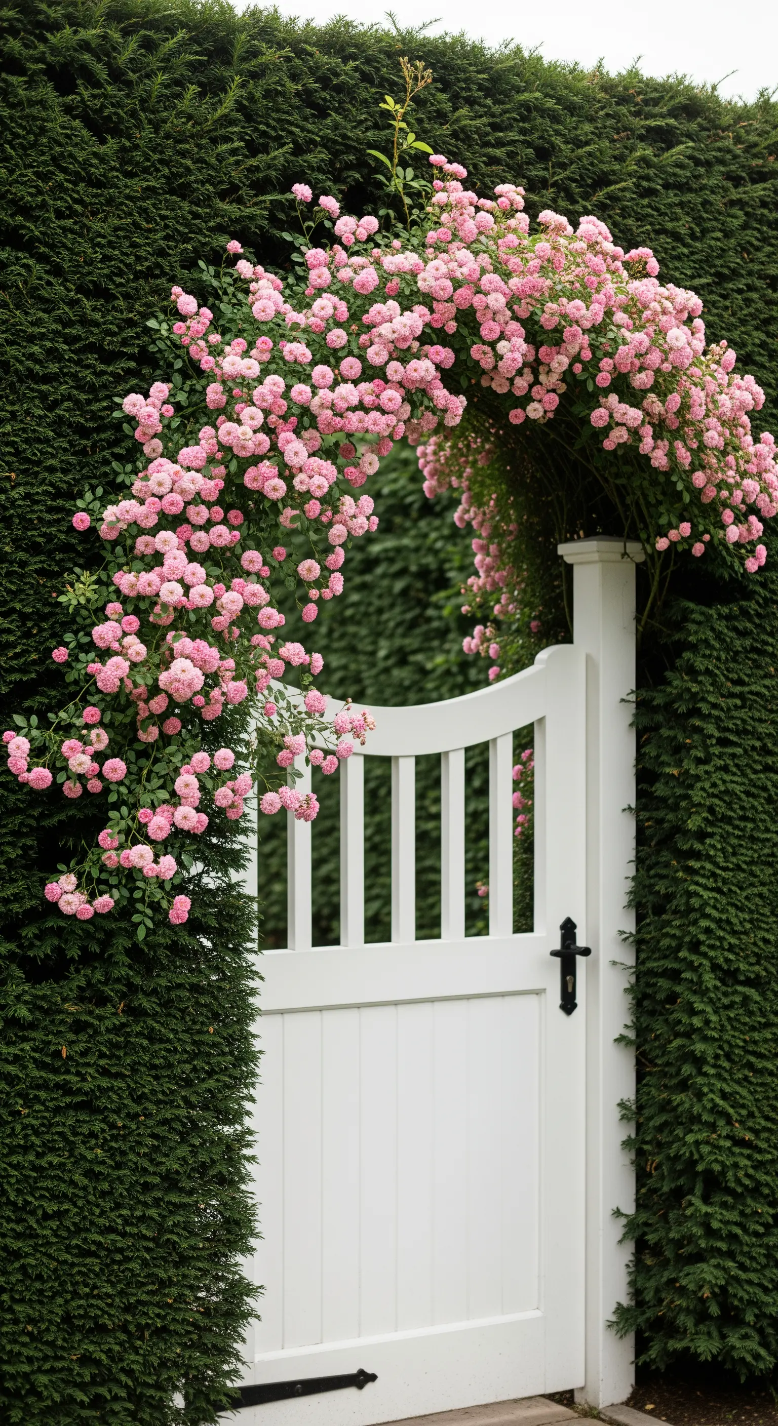 Gartentor, Rosenbogen, rosa Kletterrosen, Hecke, romantischer Eingang