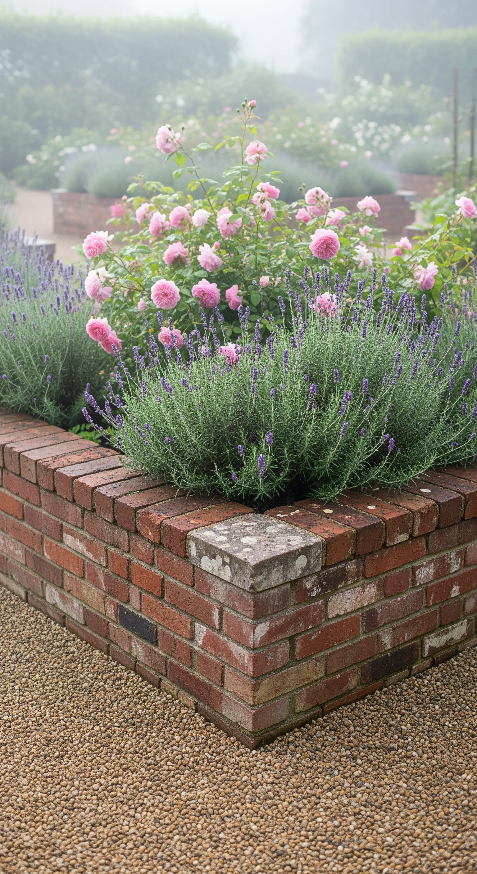 Ziegelhochbeet mit rosa Rosen und Lavendel, klassischer englischer Gartenstil.