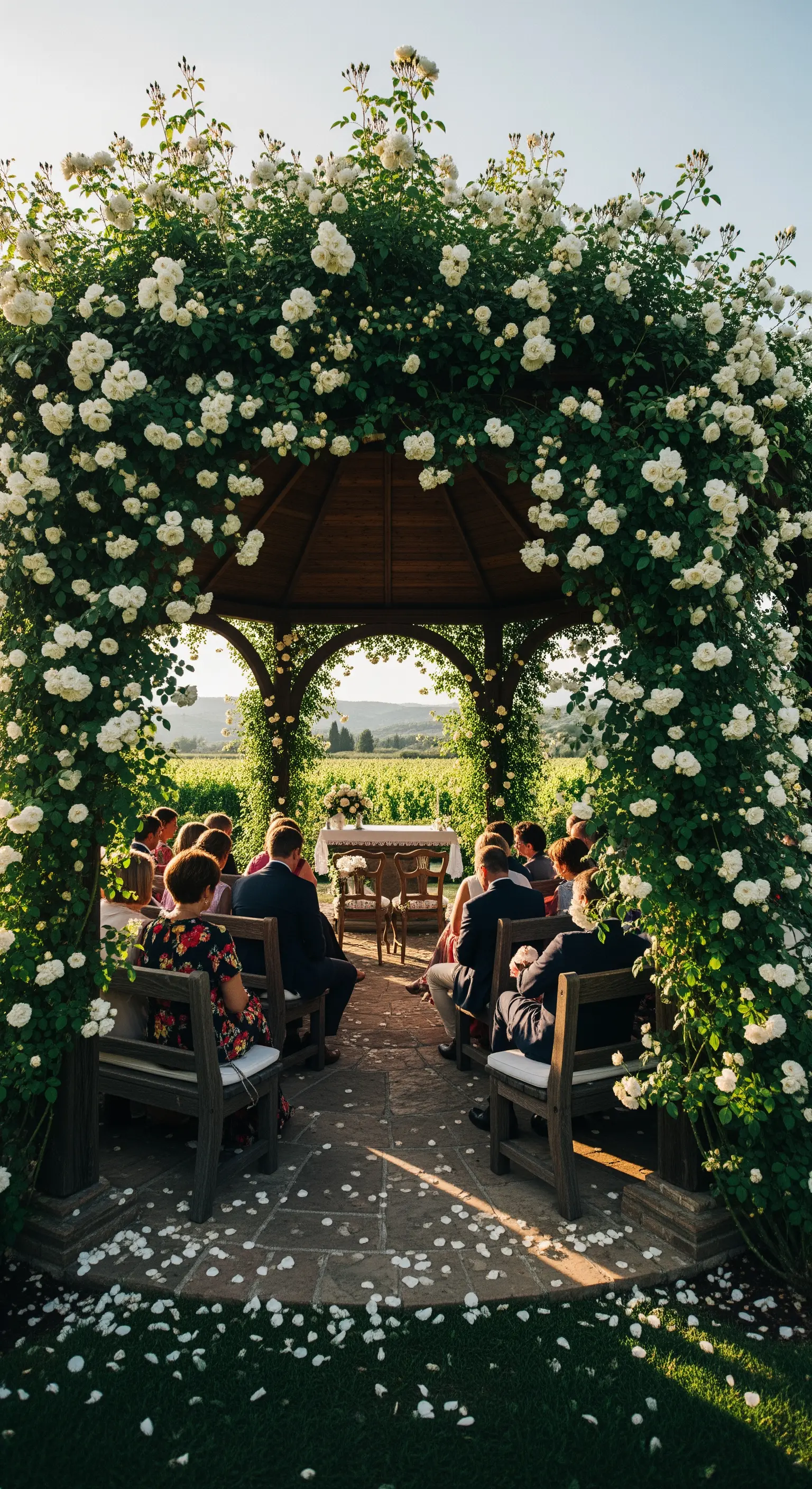 Holzpavillon, üppig mit weißen Rosen bewachsen, für eine Hochzeitszeremonie