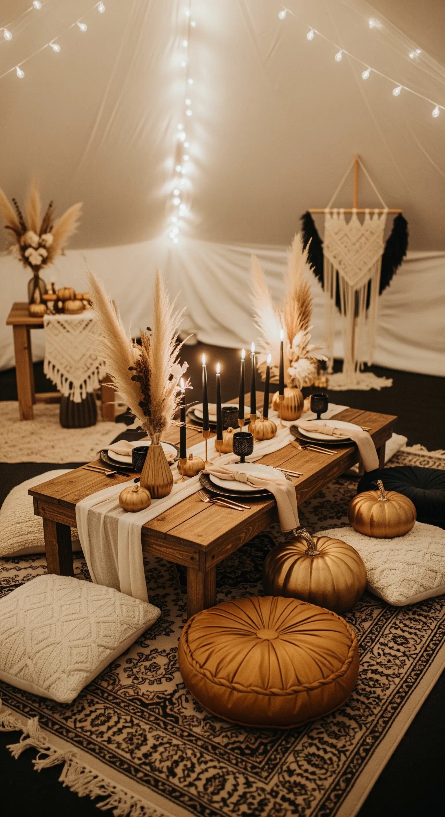 Indoor-Zelt mit Lichterketten, niedriger Holztisch mit Boho-Deko, schwarzen Kerzen und Bodenkissen.