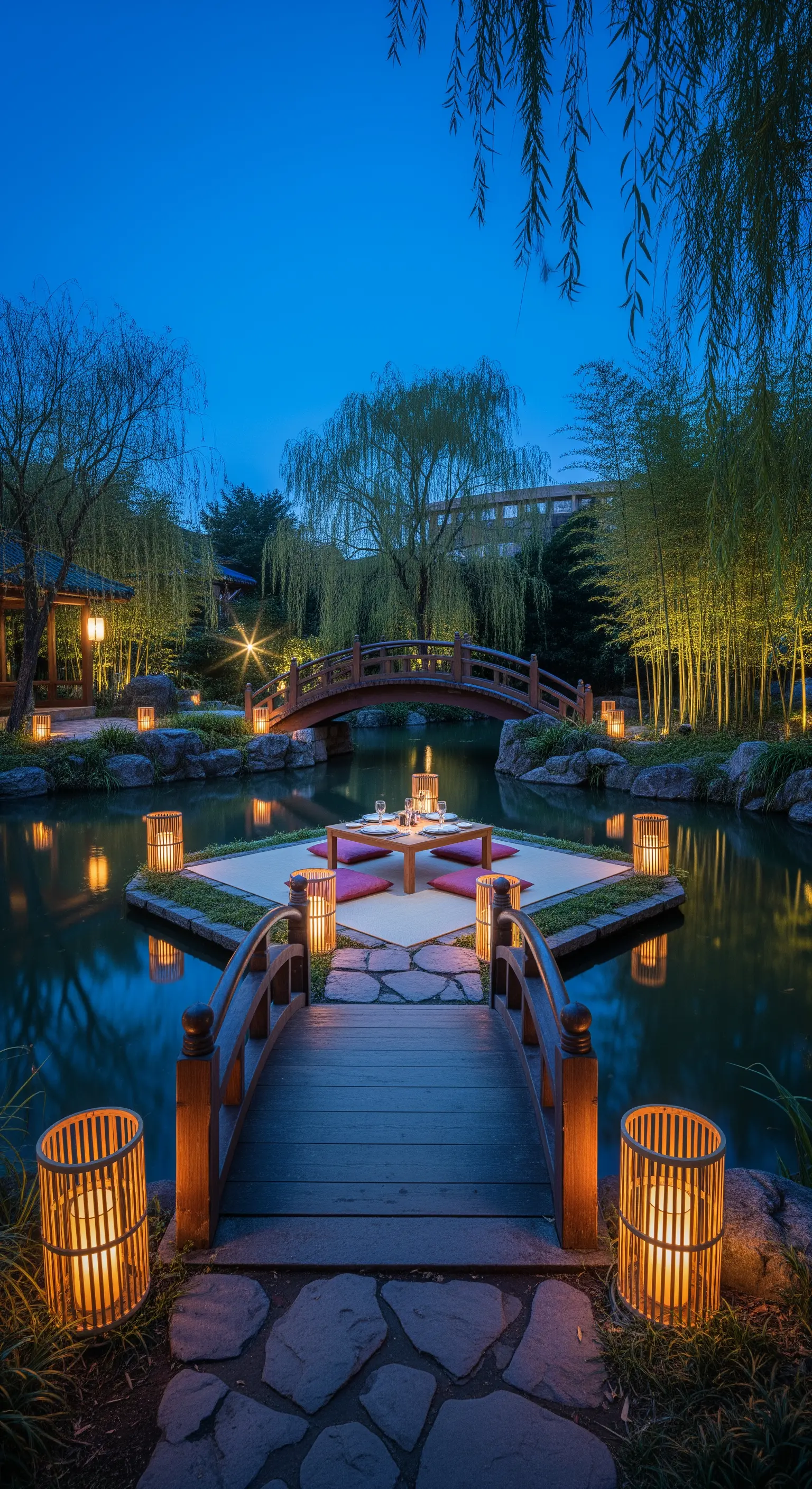 Insel-Esstisch im Teichgarten mit Brücken und Laternen