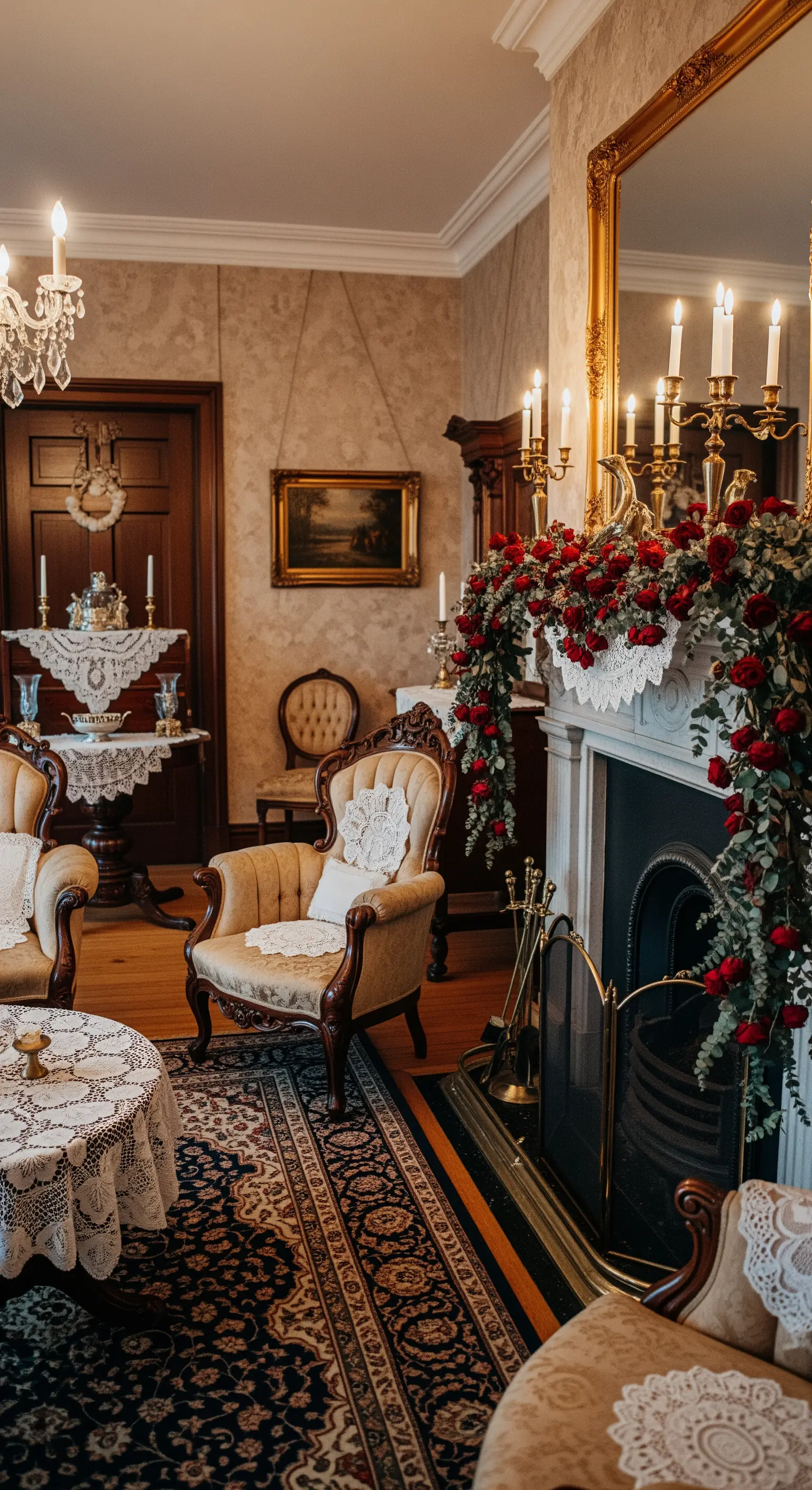 Vintage Wohnzimmer, Rosen Girlande, Spitze, Kerzenleuchter, warme Töne, Kamin