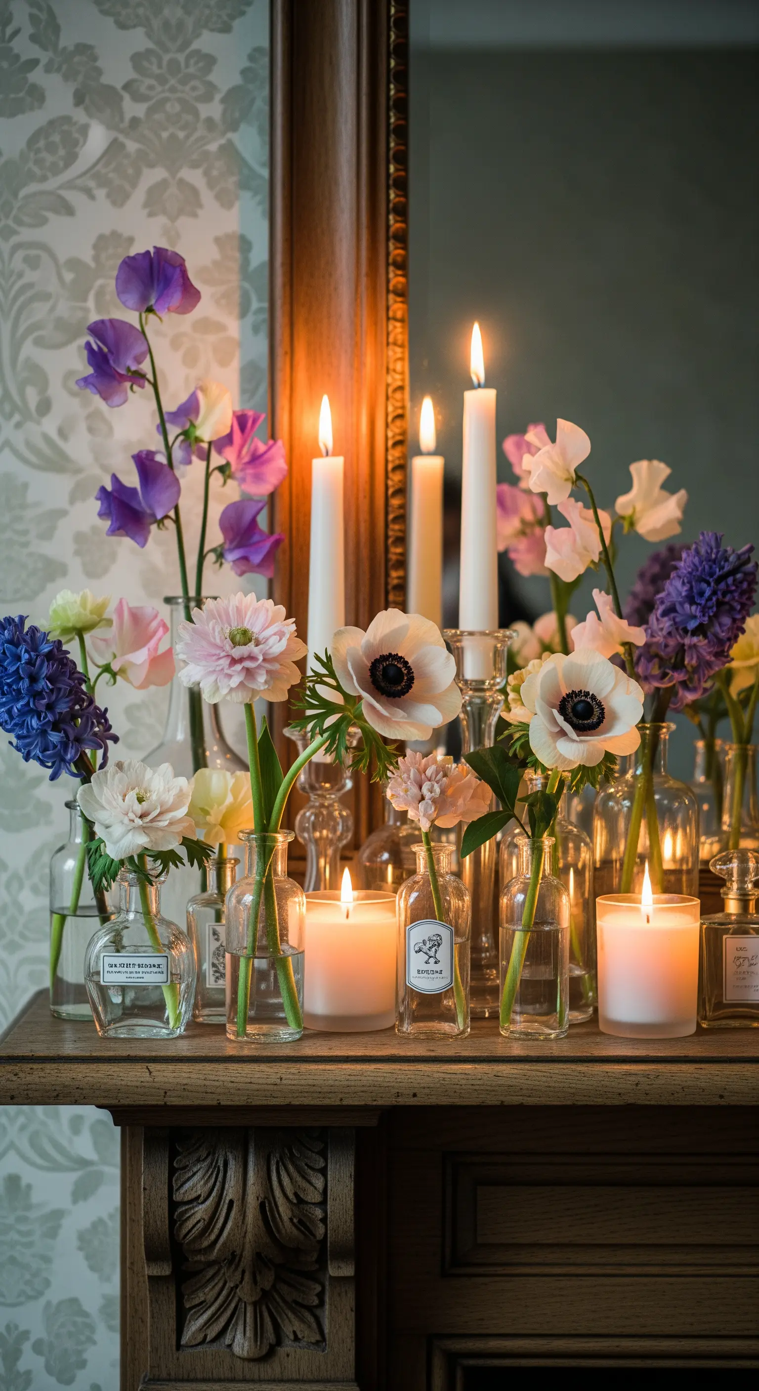 Holzkonsole mit Kerzen, kleinen Vasen und bunten Frühlingsblumen