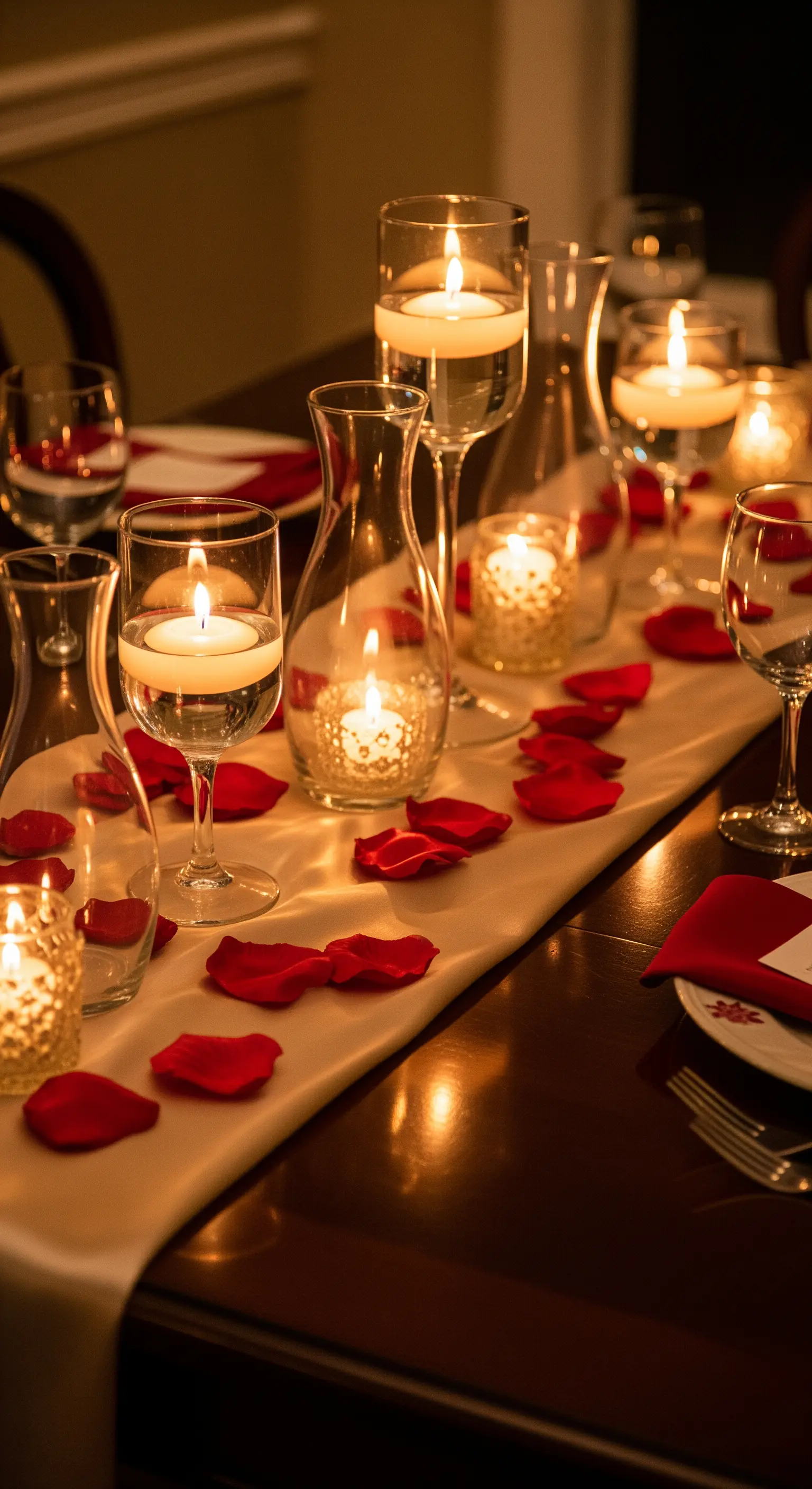 Candlelit Tischdekoration mit schwebenden Kerzen, roten Rosenblättern und goldenen Teelichtern.