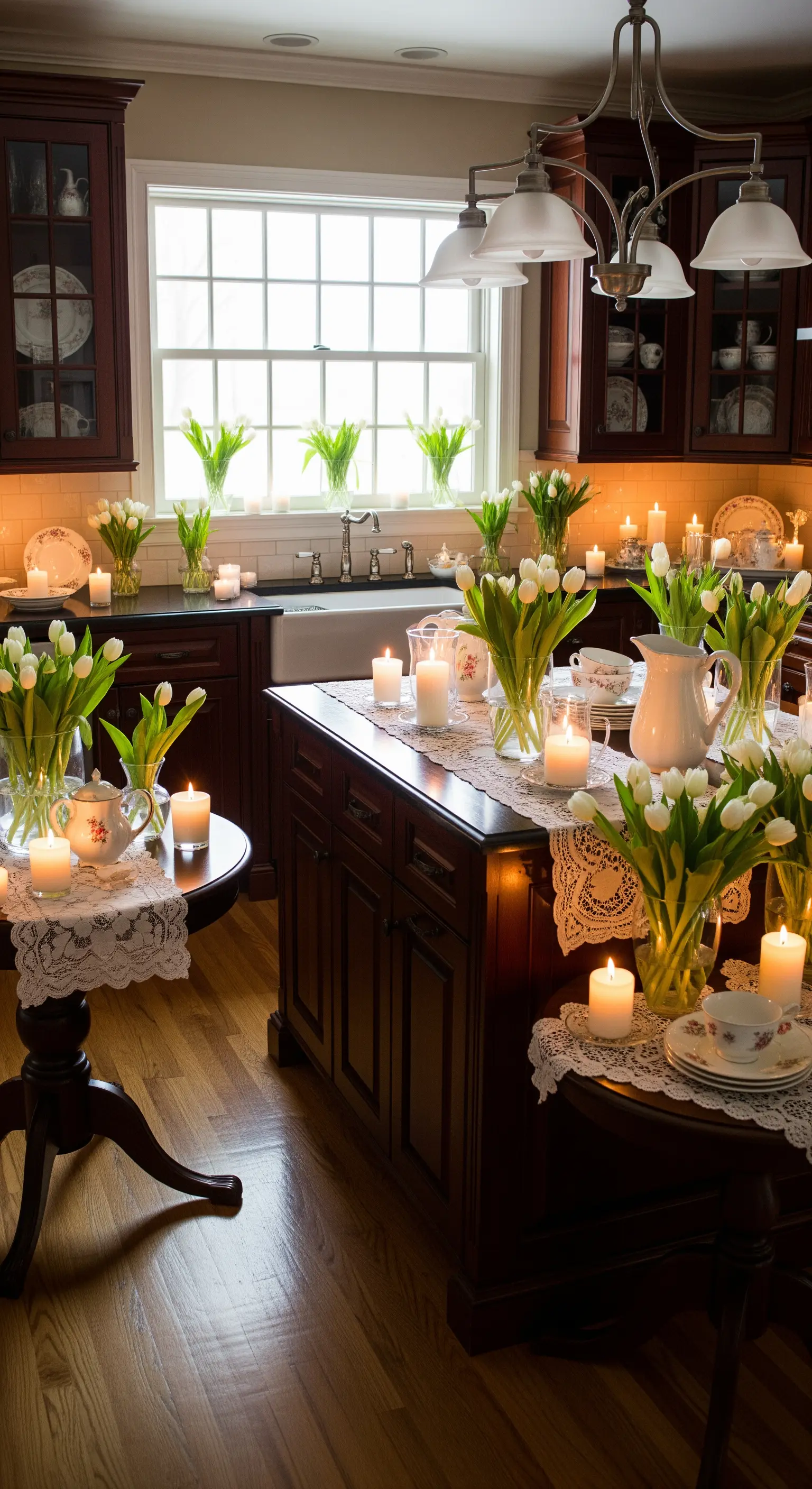 Dunkle Küche mit vielen weißen Tulpen in Vasen und zahlreichen Kerzen auf Tischen