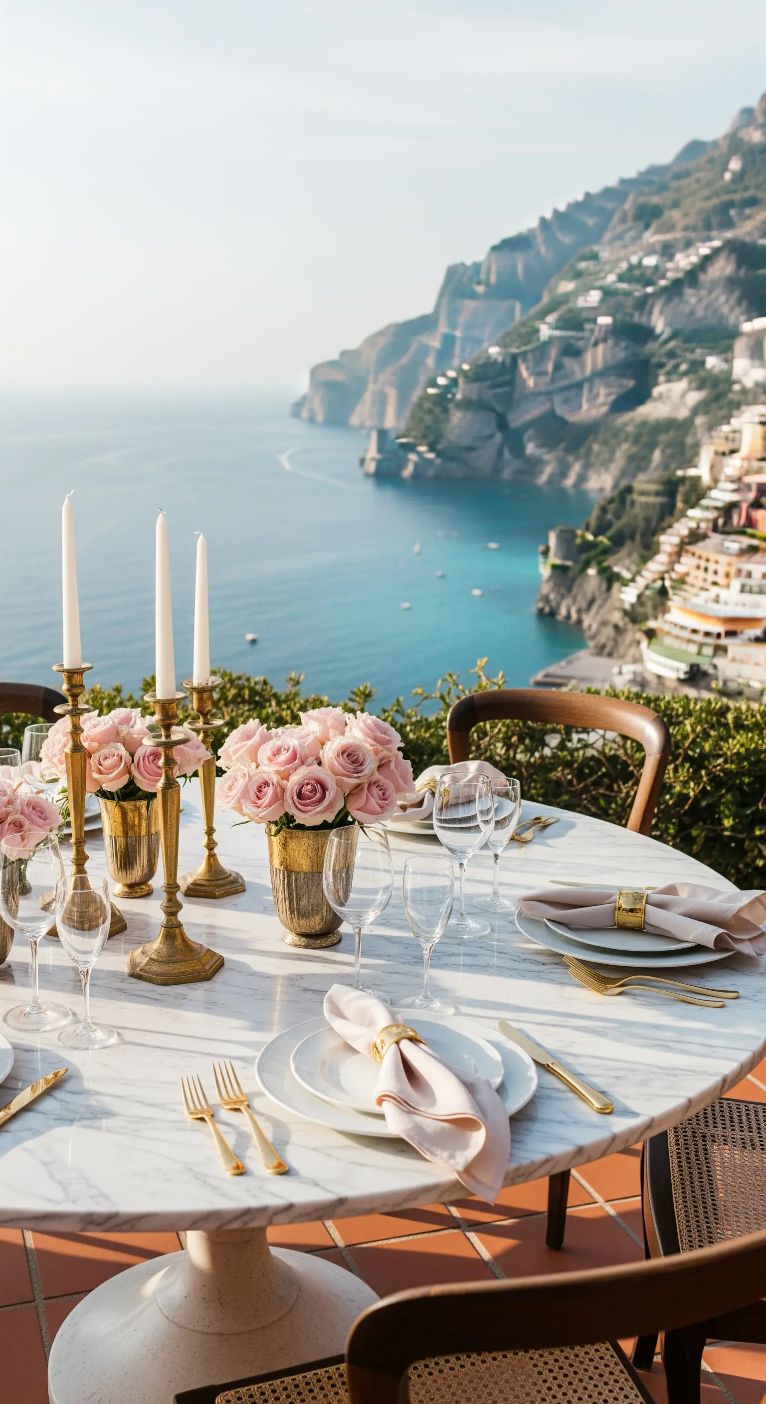 Küstendekoration mit rosa Rosen, Marmortisch, Messing-Leuchtern und goldenen Akzenten.