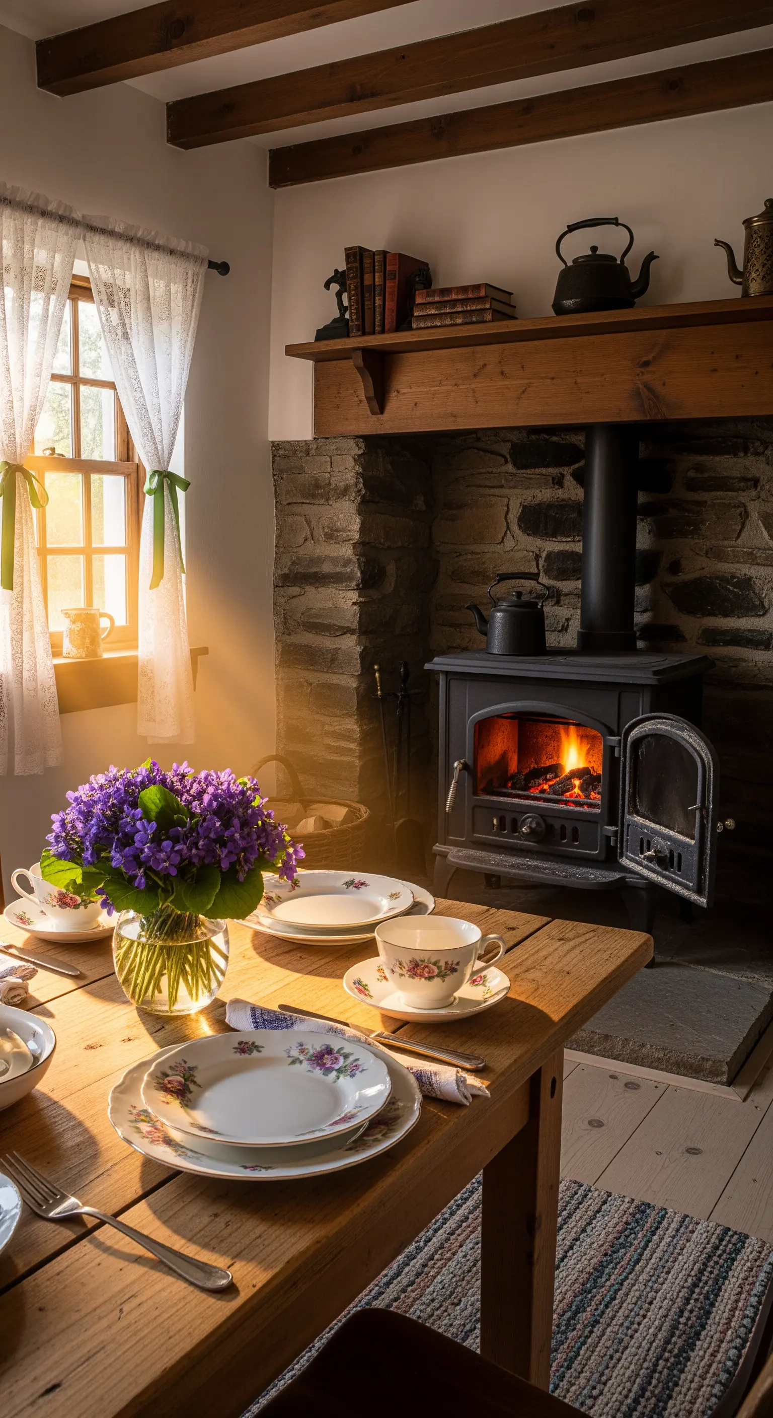 Blumenmuster-Geschirr und Veilchen auf Tisch neben Kaminofen