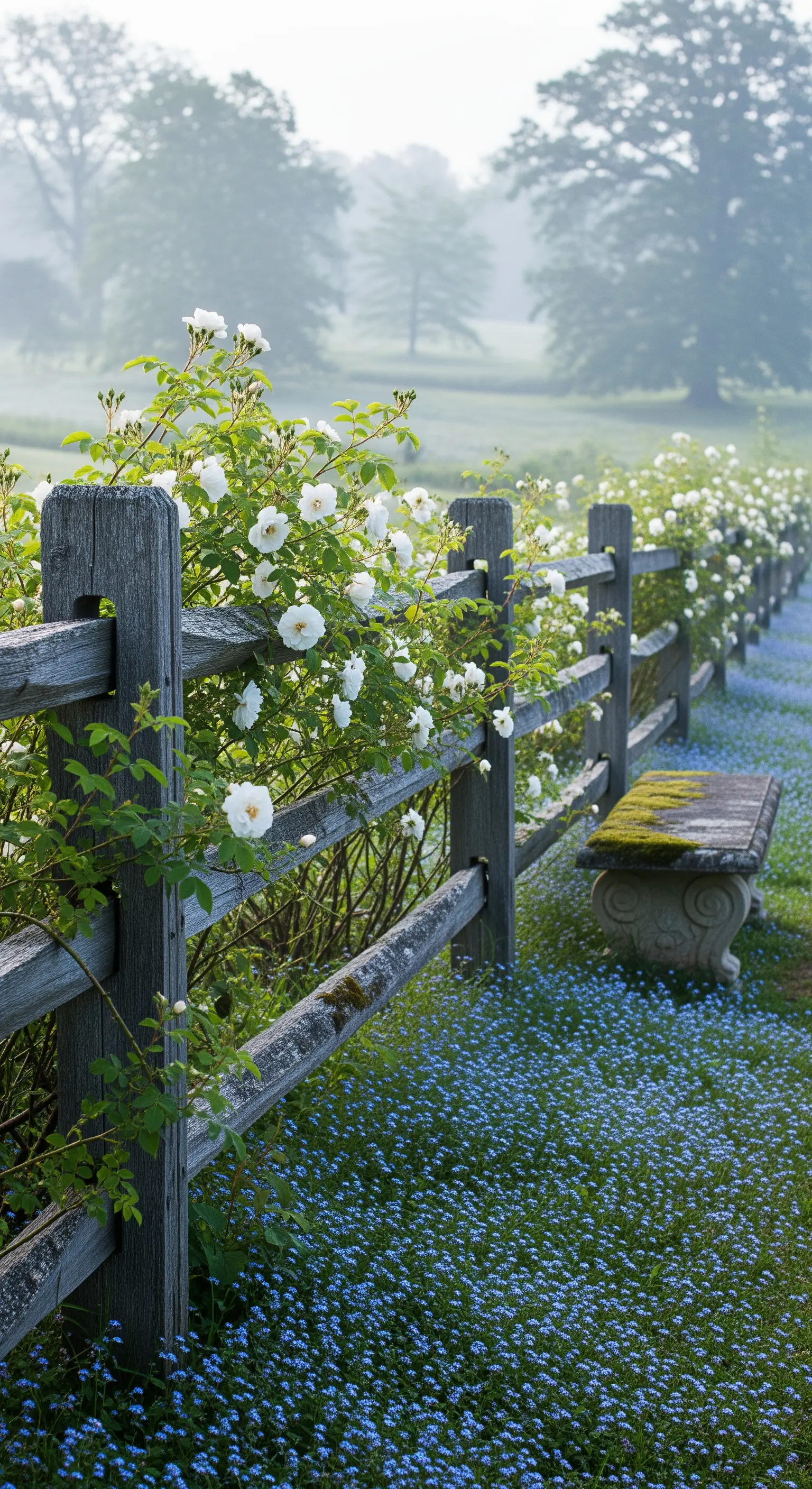 Verwitterter Holzzaun mit weißen Rosen, blauen Vergissmeinnicht und Steinbank
