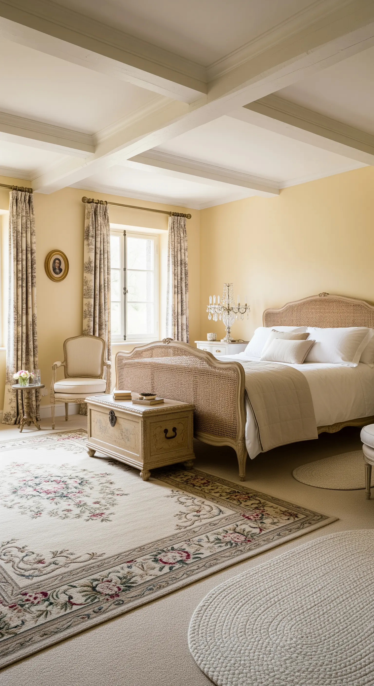 Französisches Landhaus-Schlafzimmer mit floralem Teppich über einem beigen Teppichboden