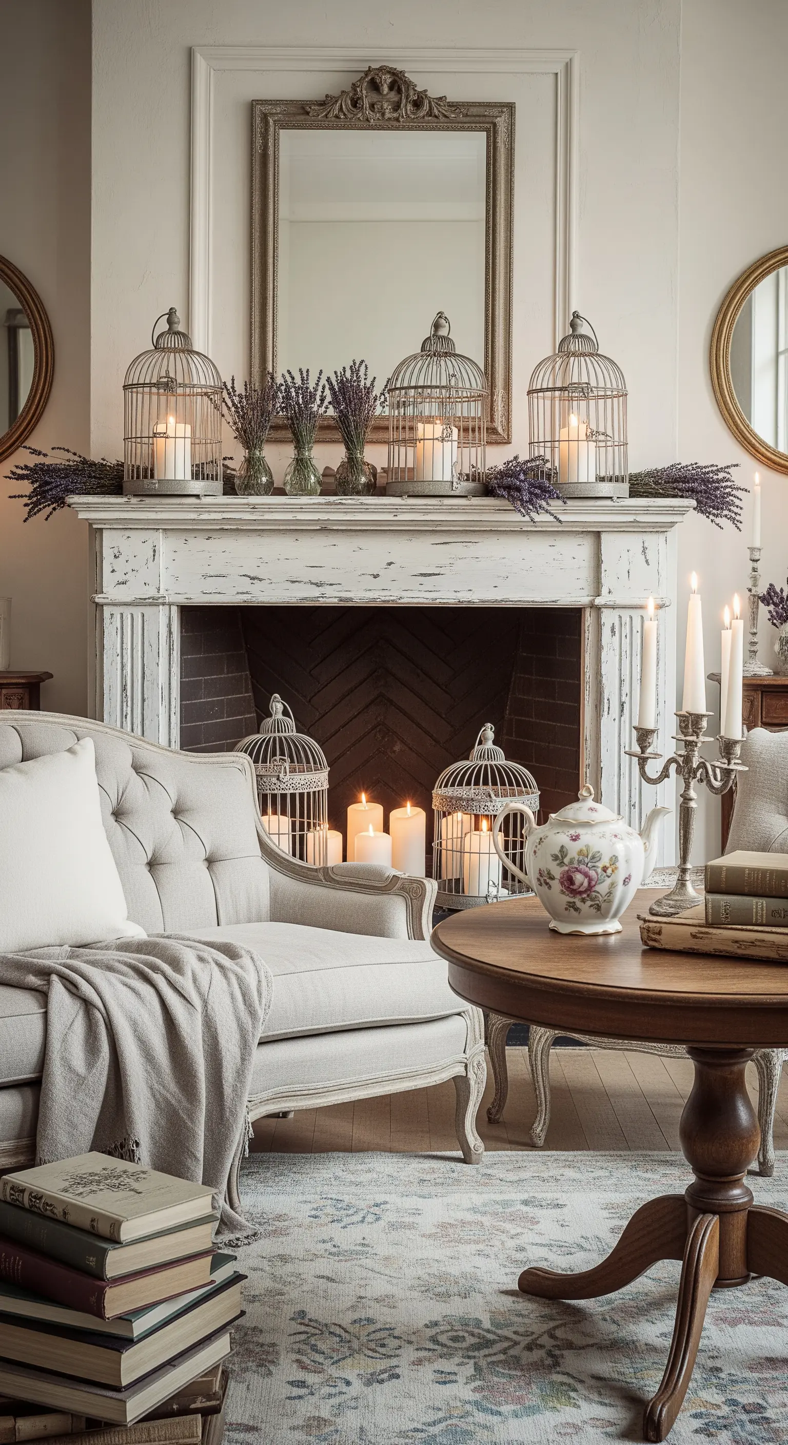 Shabby Chic Kamin mit Vogelkäfigen, Kerzen, Lavendel und Vintage-Spiegeln.