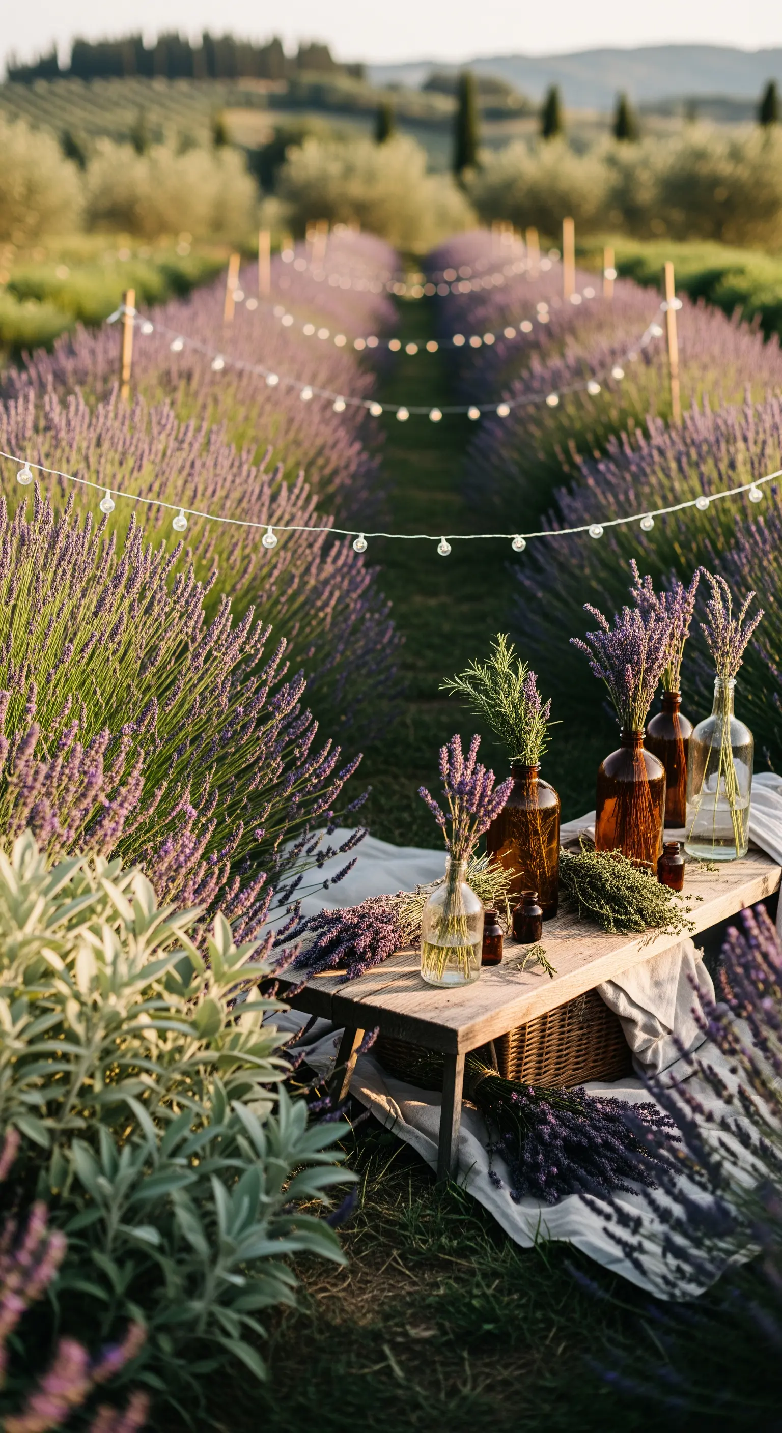 Picknick im Lavendelfeld mit Holztisch, Glasflaschen und Lichterketten
