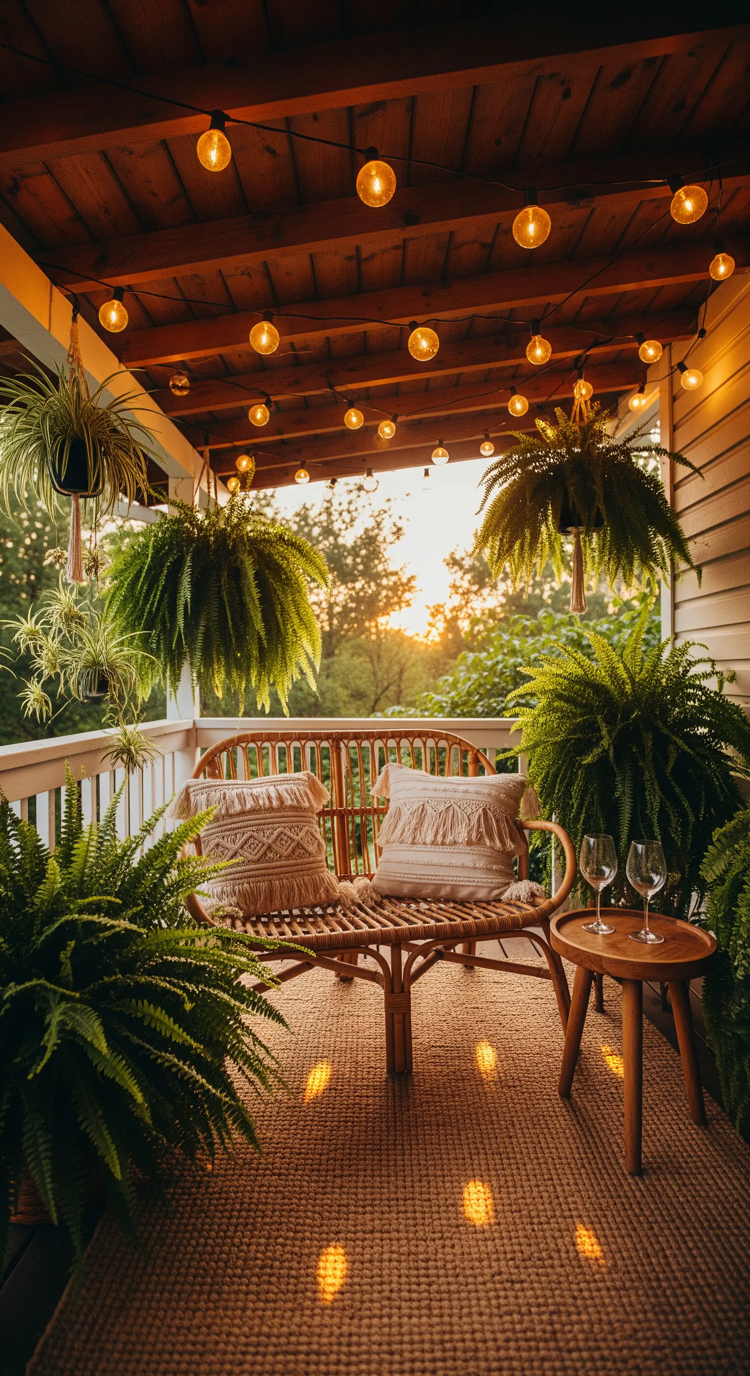 Veranda-Dekoration mit Hängepflanzen, Lichterketten und Rattanmöbeln bei Sonnenuntergang