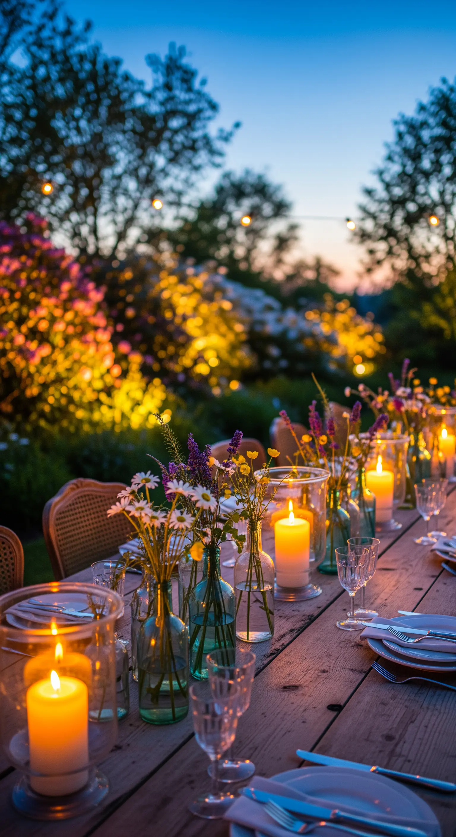 Rustikale Outdoor-Tafel mit Wiesenblumen und Kerzenlicht bei Sonnenuntergang